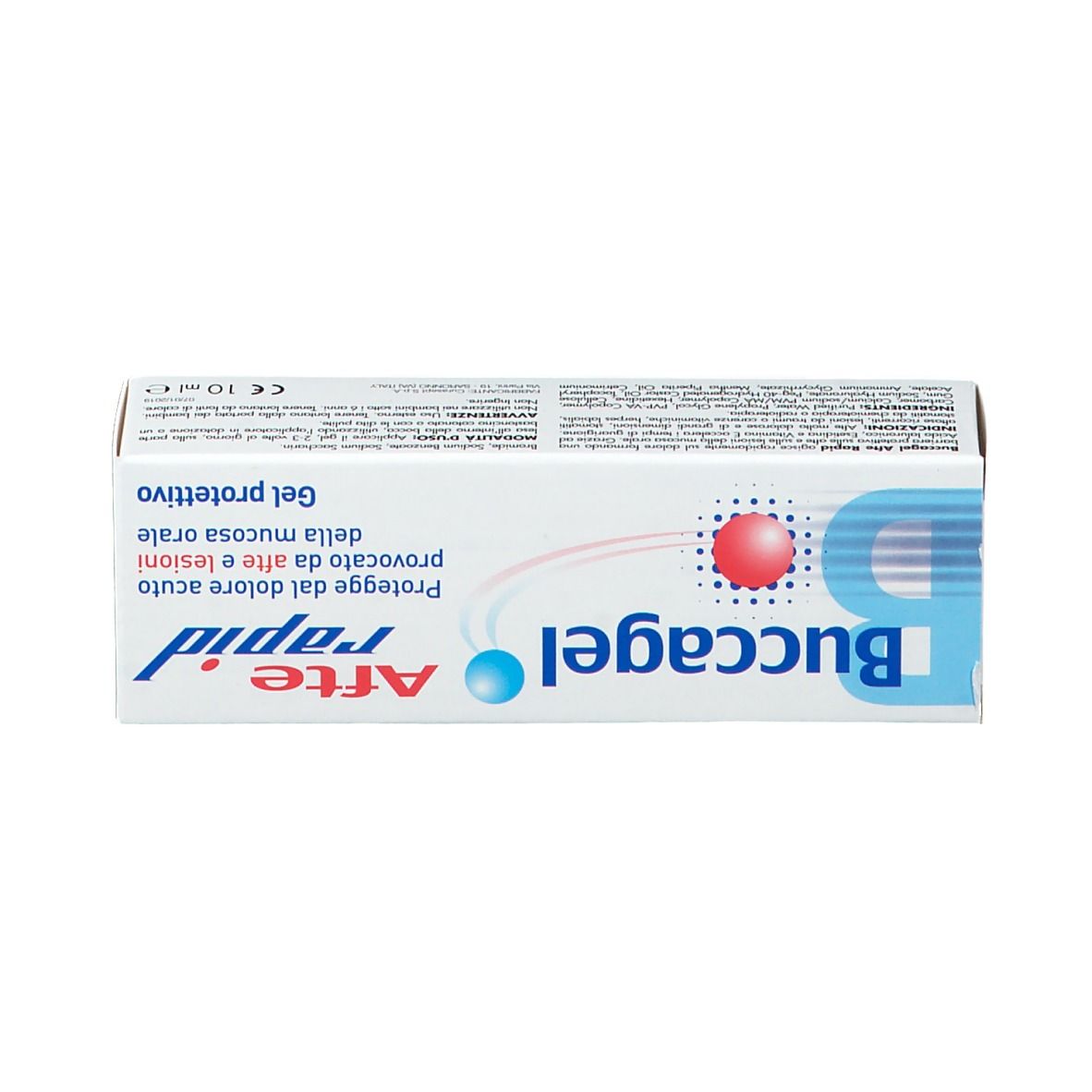 Scatola con scritta Buccagel Afte rapid. Gel protettivo. 10 ml.