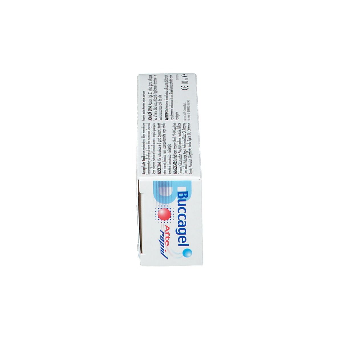 Scatola, vista laterale. Testo e codice a barre. Bianco e blu.
