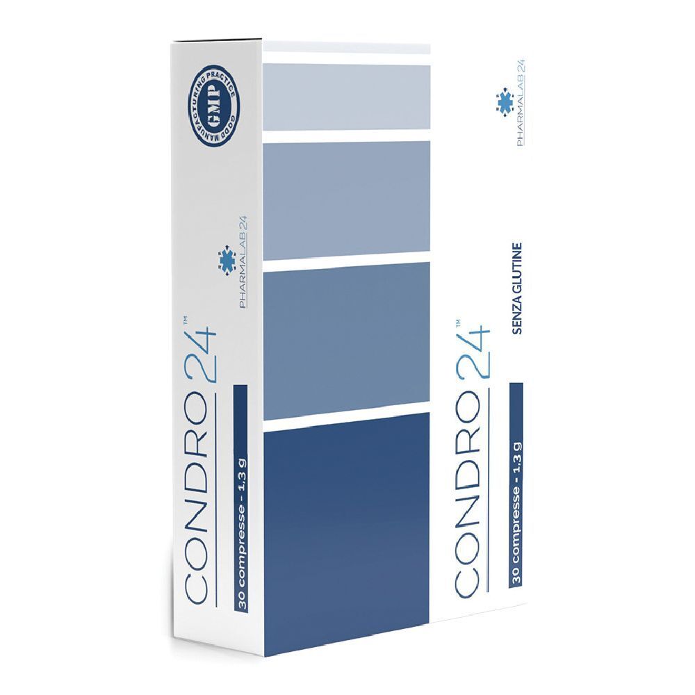 Scatola del prodotto CONDRO24. Bianca con sfumatura blu. Scritta CONDRO24, 30 compresse, senza glutine. Certificazione GMP.