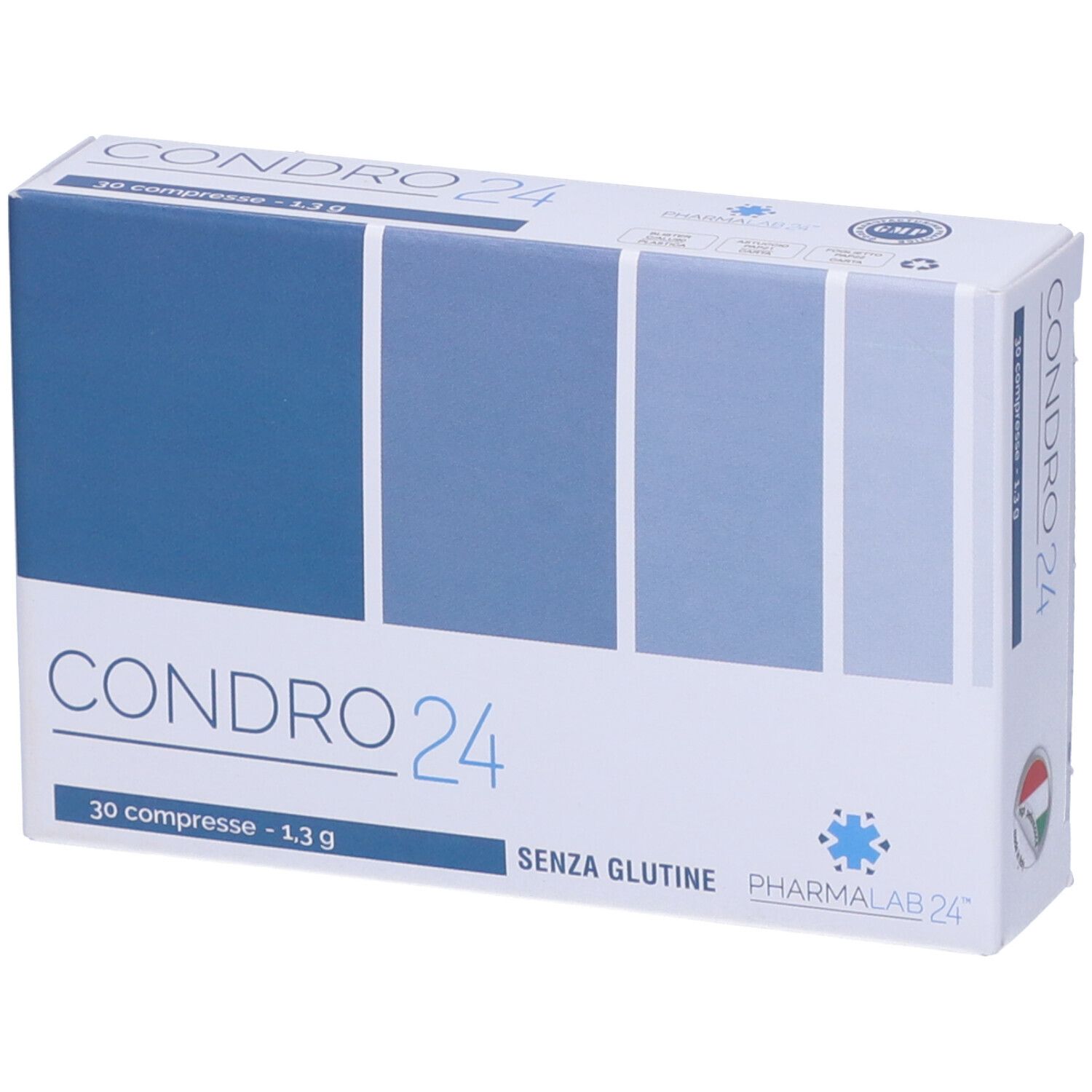 Confezione del prodotto CONDRO24. Bianco, blu. Scritta CONDRO24, 30 compresse, senza glutine. Certificazione GMP. Vista angolare.