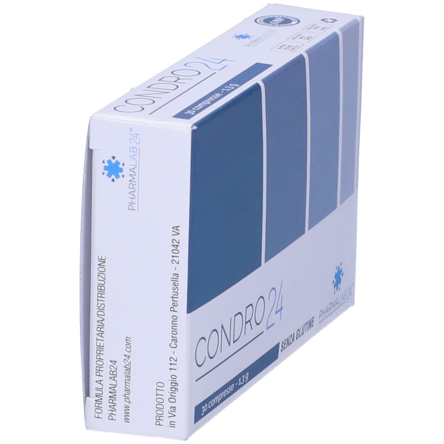 Confezione del prodotto CONDRO24. Bianco, blu. Scritta CONDRO24, 30 compresse, senza glutine. Certificazione GMP. Vista obliqua.