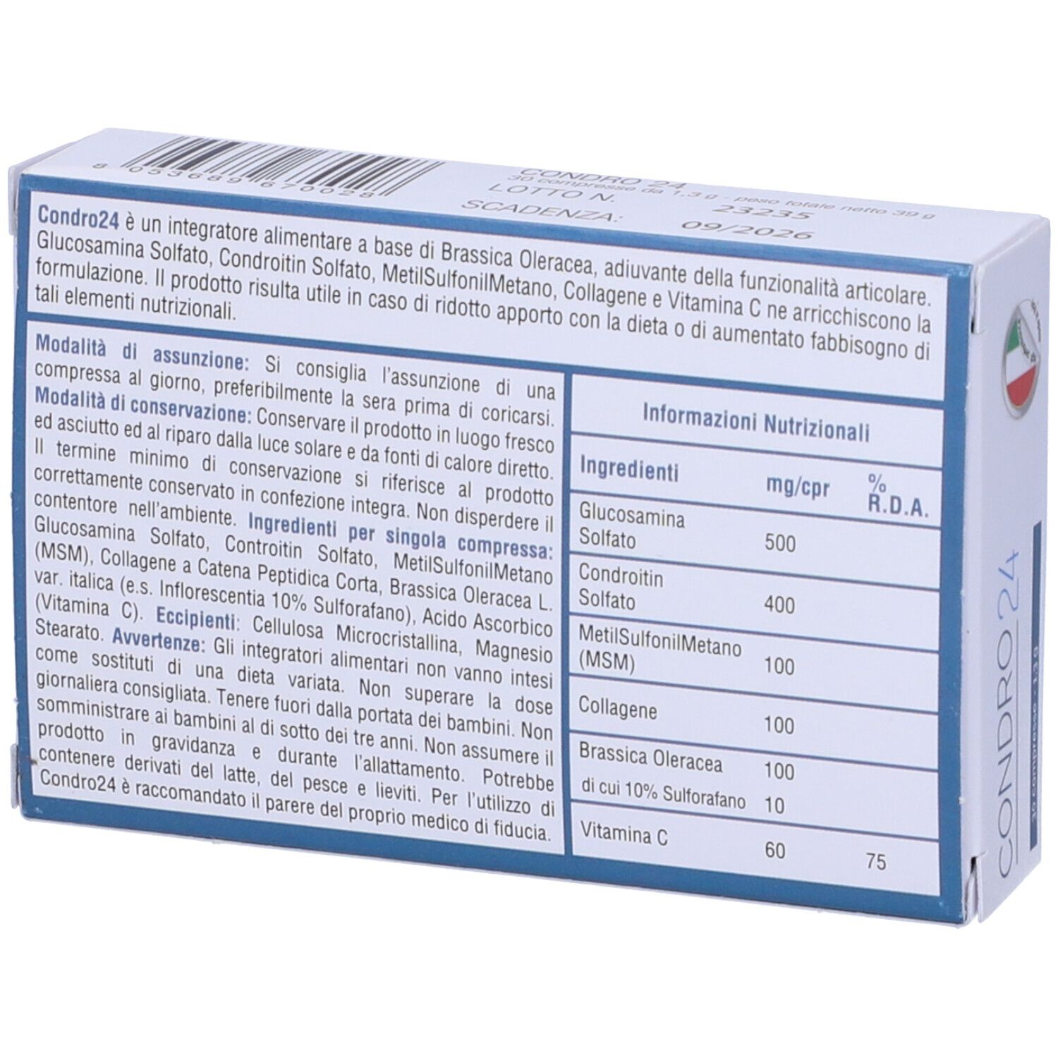 Retro della confezione del prodotto CONDRO24. Testo con ingredienti e informazioni nutrizionali. Certificazione GMP.