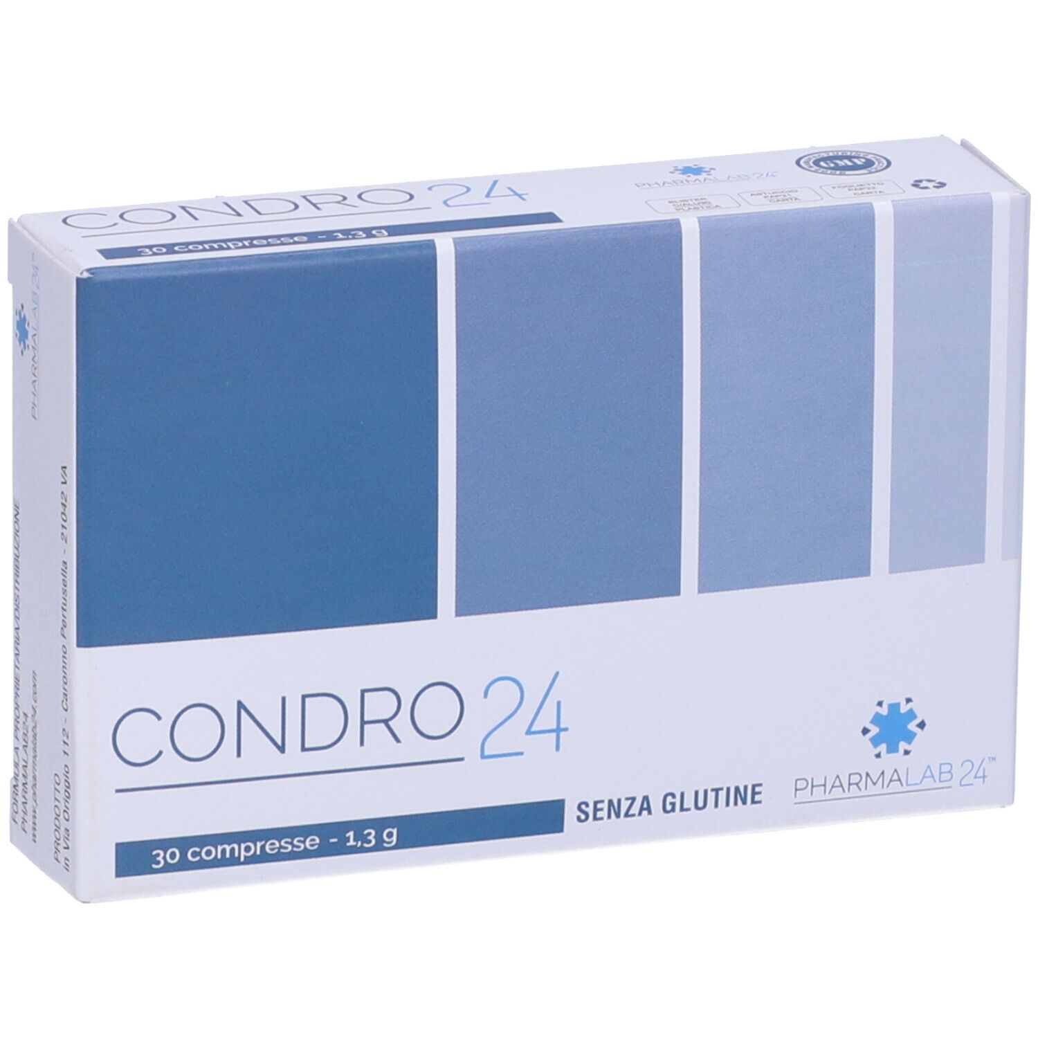 Confezione del prodotto CONDRO24. Bianco, blu. Scritta CONDRO24, 30 compresse, senza glutine. Certificazione GMP. Vista obliqua.