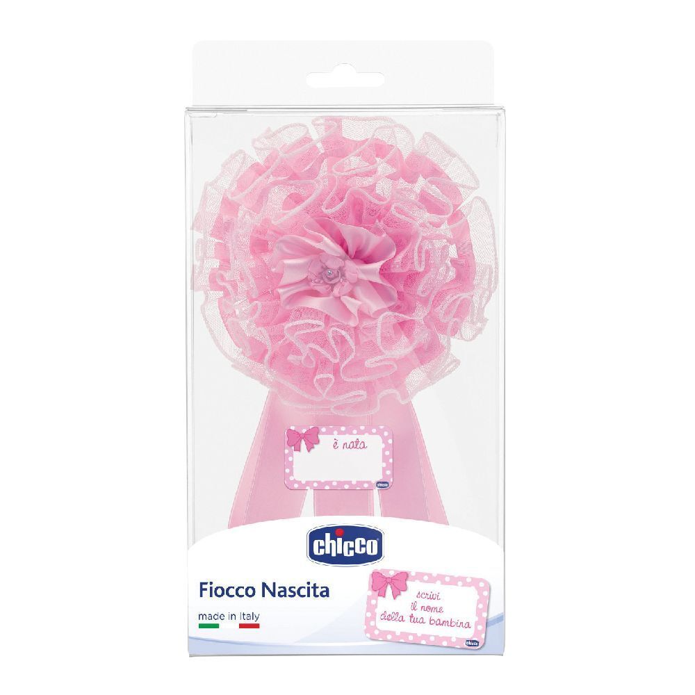 Fiocco rosa nascita in confezione trasparente. Con etichette e logo.