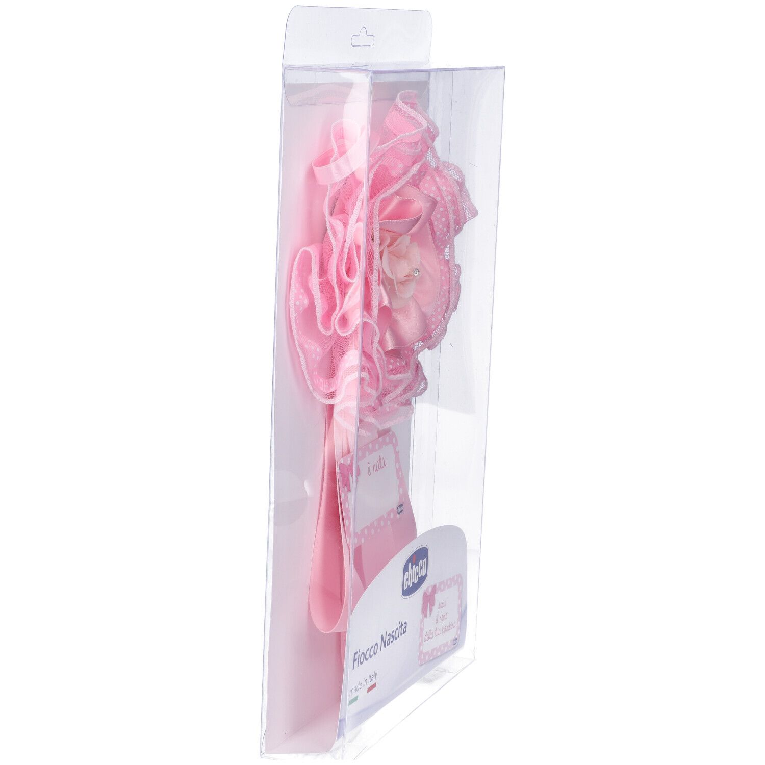 Fiocco rosa nascita in confezione. Vista laterale. Con logo ed etichetta.