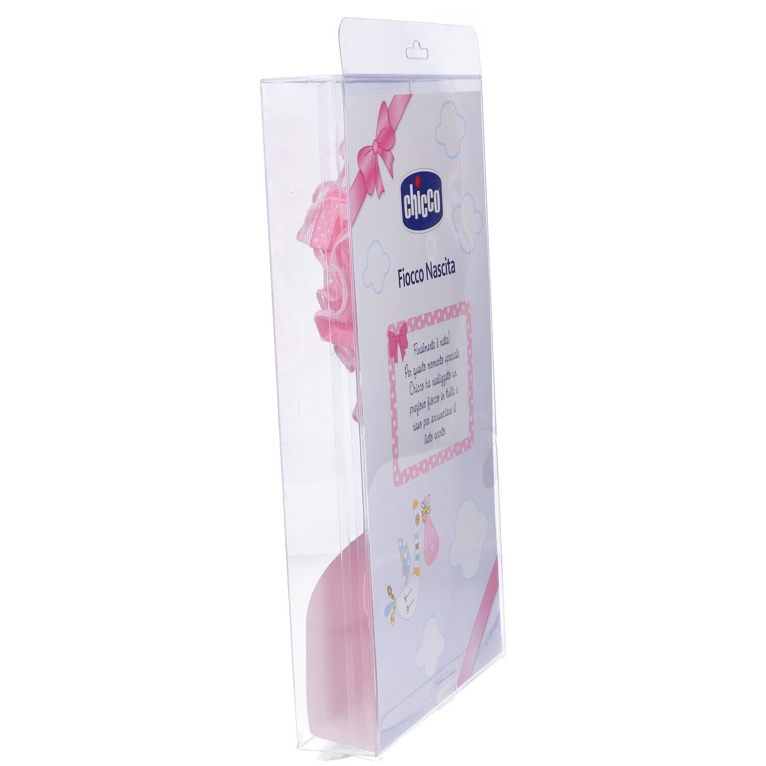 Confezione con fiocco rosa nascita. Vista laterale. Con logo e testo.