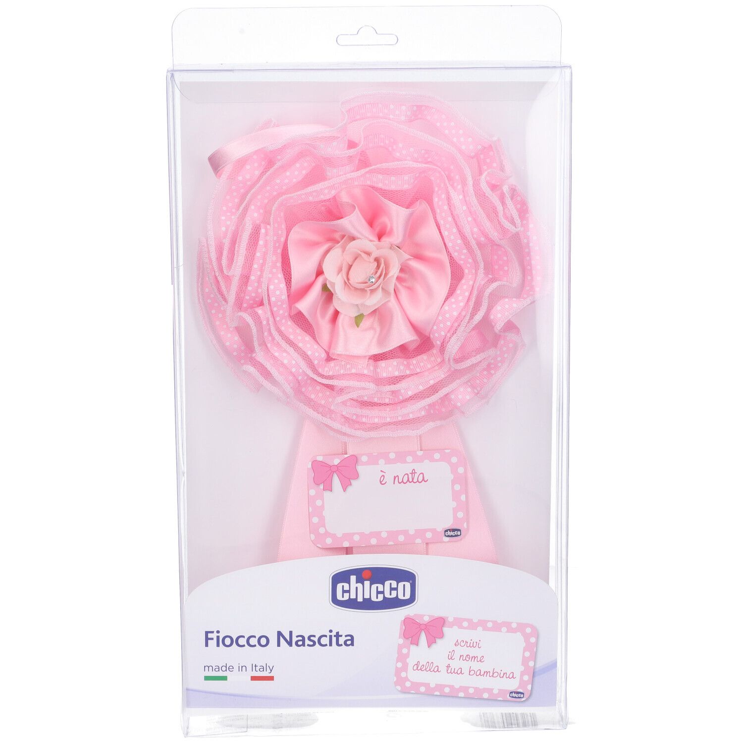 Fiocco rosa nascita in confezione. Con fiocco, rosa ed etichette.