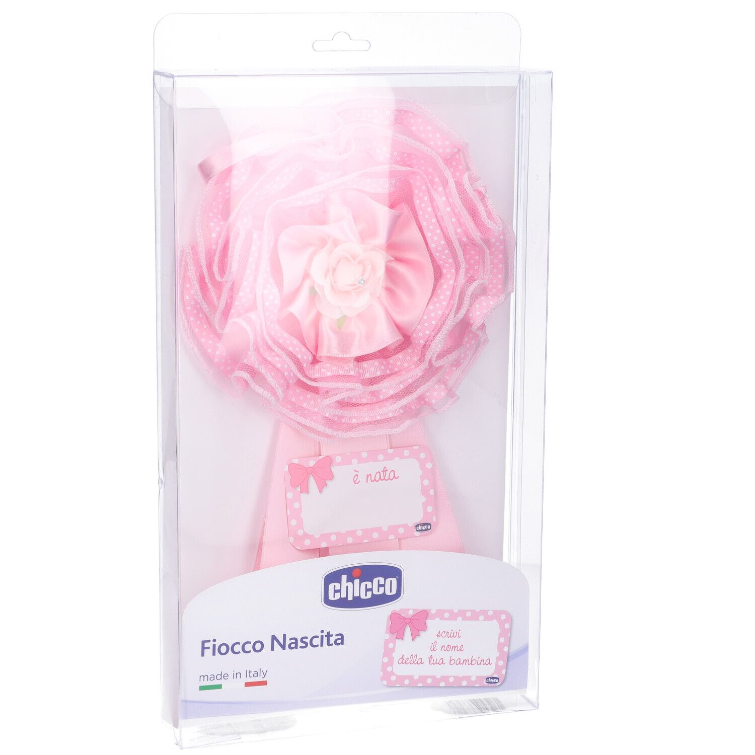 Fiocco rosa nascita in confezione. Con fiocco, rosa ed etichette.