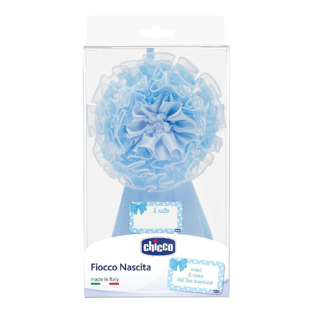 Fiocco nascita blu in confezione trasparente. Con etichette e logo.