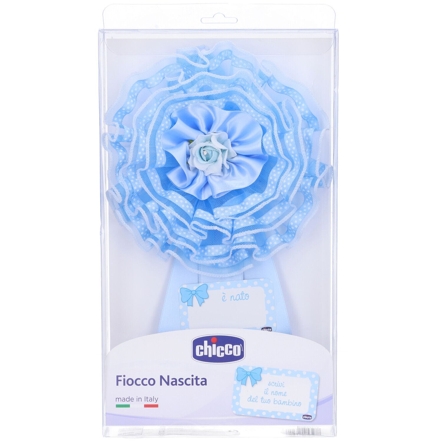 Fiocco nascita blu in confezione trasparente. Con motivo a pois e logo.