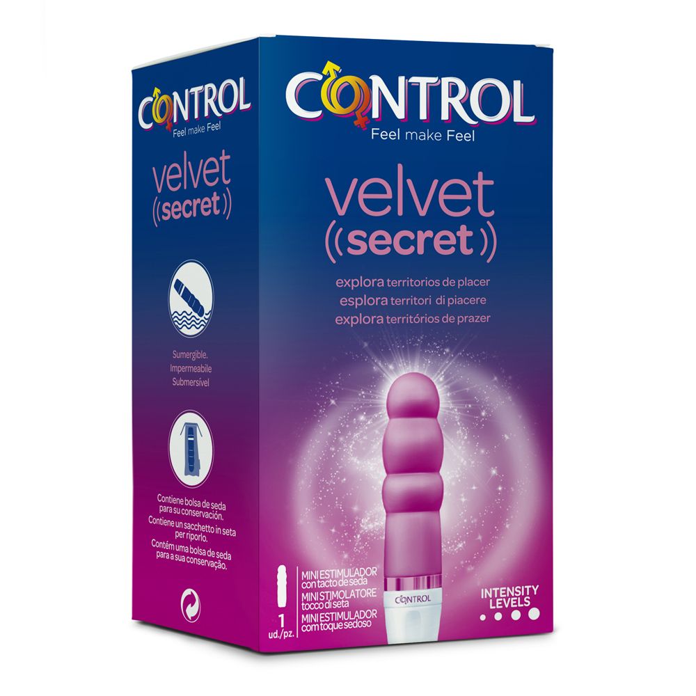 Verpackung mit Mini-Stimulator. Rosa Produkt mit abgerundeter Form. Text: CONTROL Velvet Secret.