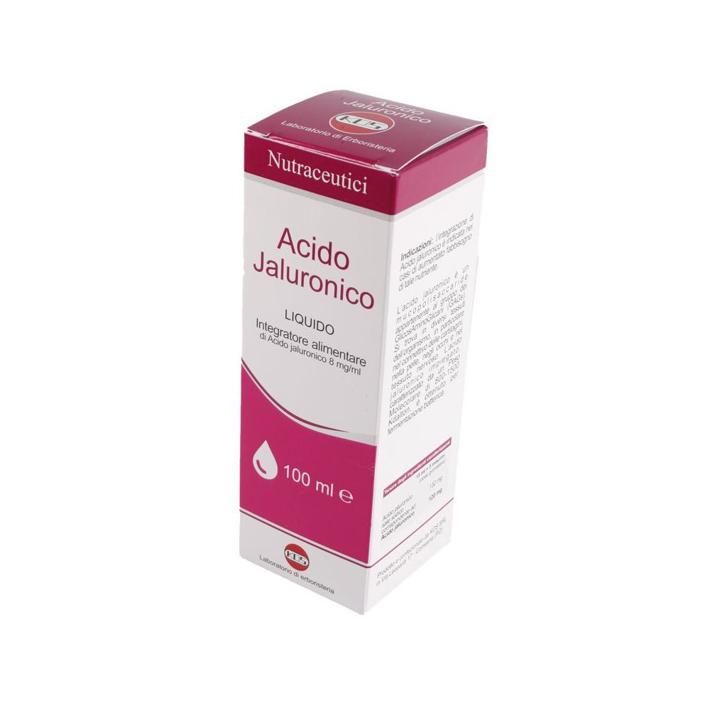 Scatola 'Acido Ialuronico Liquido'. Confezione rosa e bianca. 100 ml.