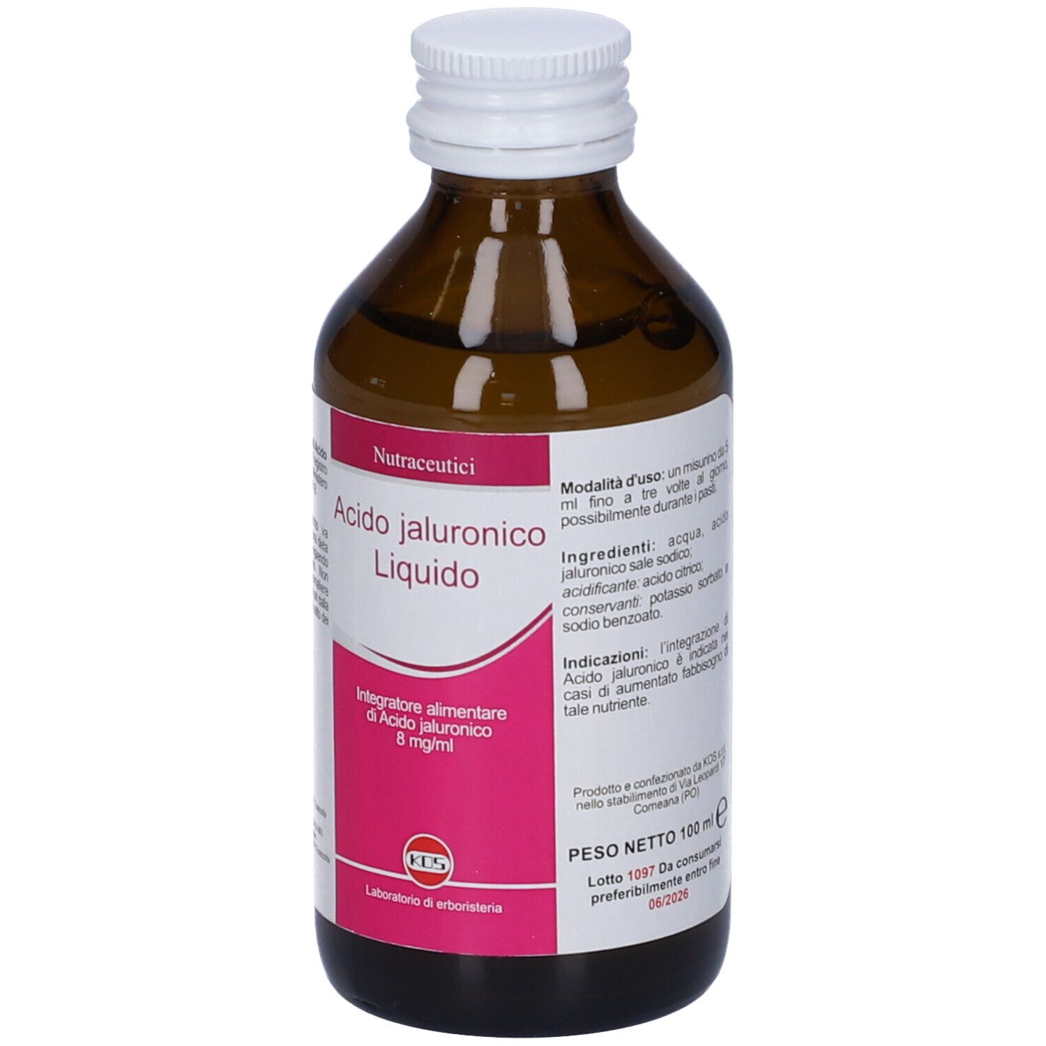 Bottiglia di vetro marrone, tappo bianco. Etichetta 'Acido Ialuronico Liquido'.