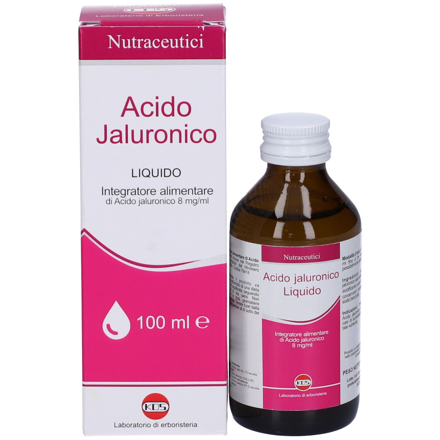 Confezione e bottiglia. Scritta 'Acido Ialuronico Liquido'.