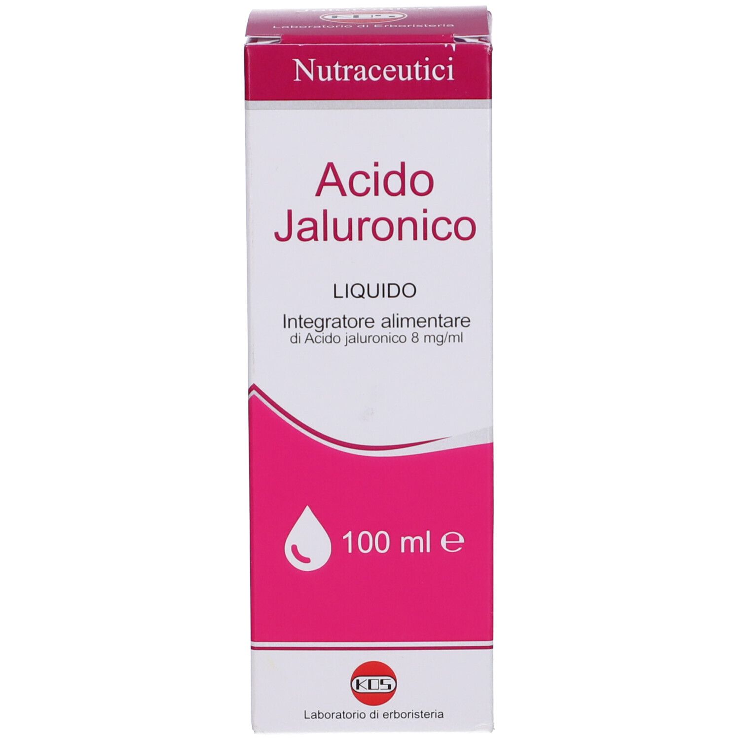 Scatola 'Acido Ialuronico Liquido'. Confezione rosa e bianca. 100 ml.