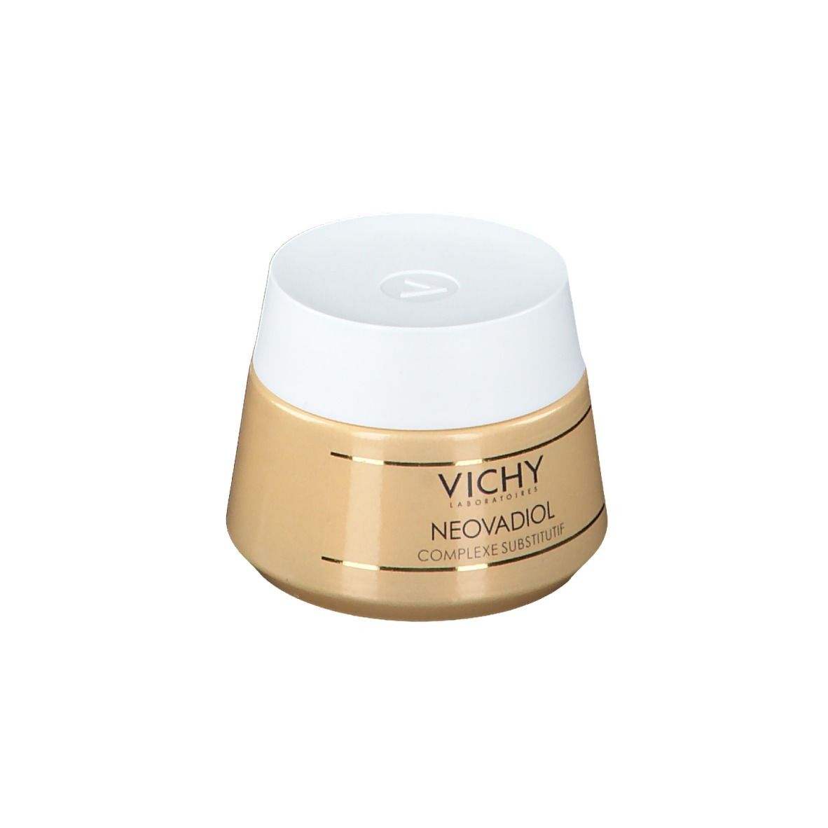 Pot crème, couvercle blanc, corps doré. Inscriptions: Vichy, Neovadiol.