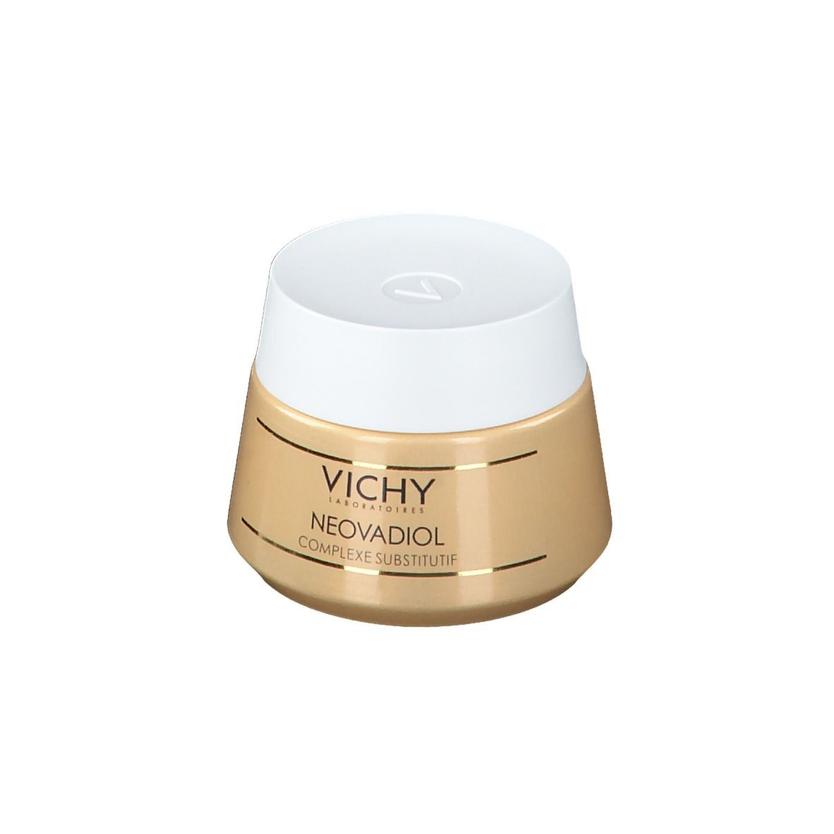 Pot crème, couvercle blanc, corps doré. Inscriptions: Vichy, Neovadiol.