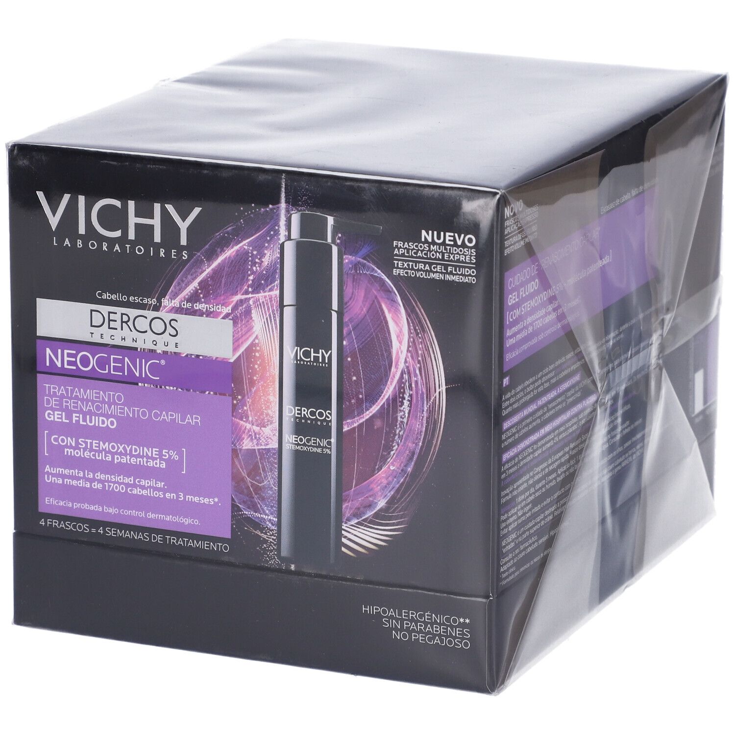 Confezione Vichy Dercos Neogenic. Scatola nera con immagine del prodotto e testo. Contiene quattro flaconi per 4 settimane di trattamento.