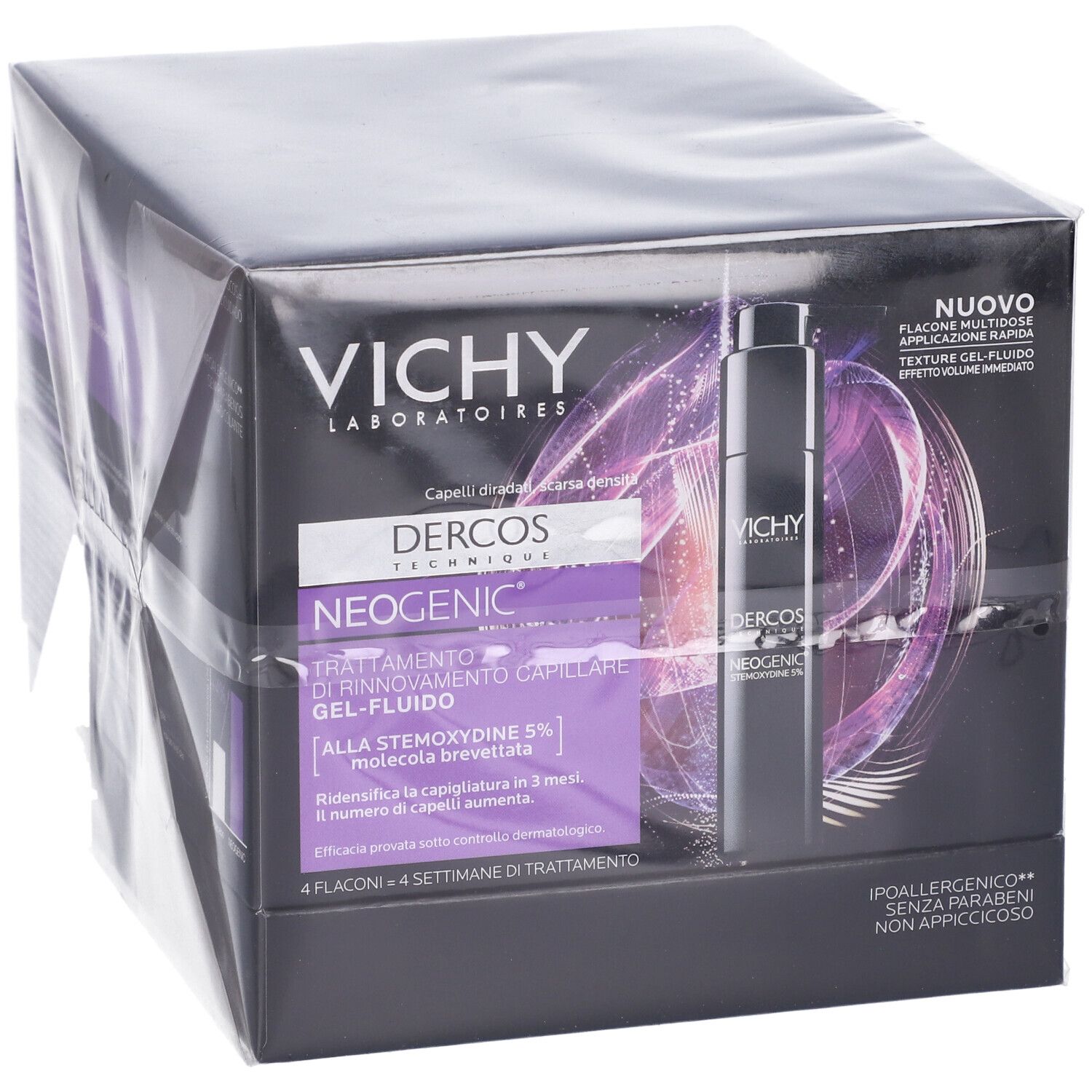 Confezione Vichy Dercos Neogenic. Scatola nera con immagine del prodotto e testo. Quattro flaconi per 4 settimane di trattamento.