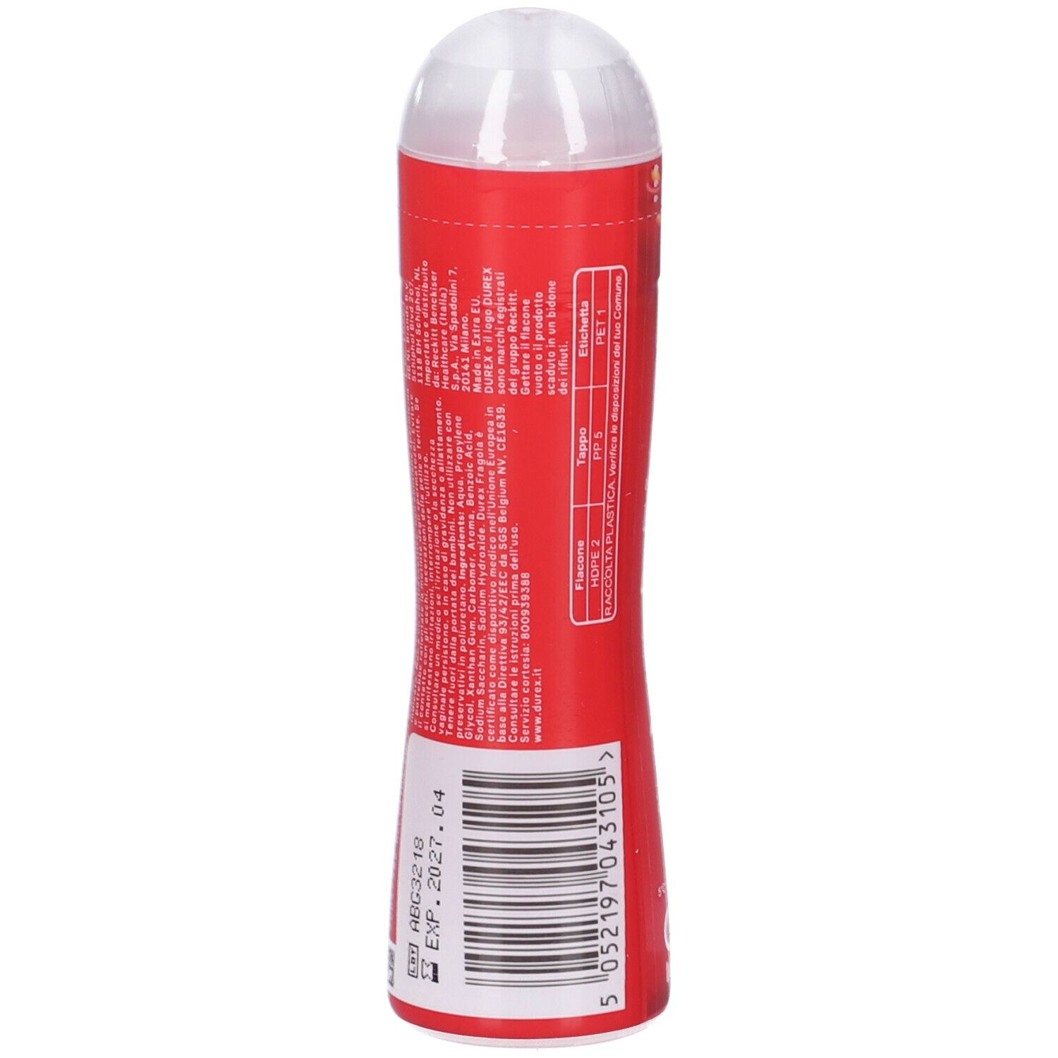 Rote Flasche mit klarem Verschluss und weißen Etiketten.