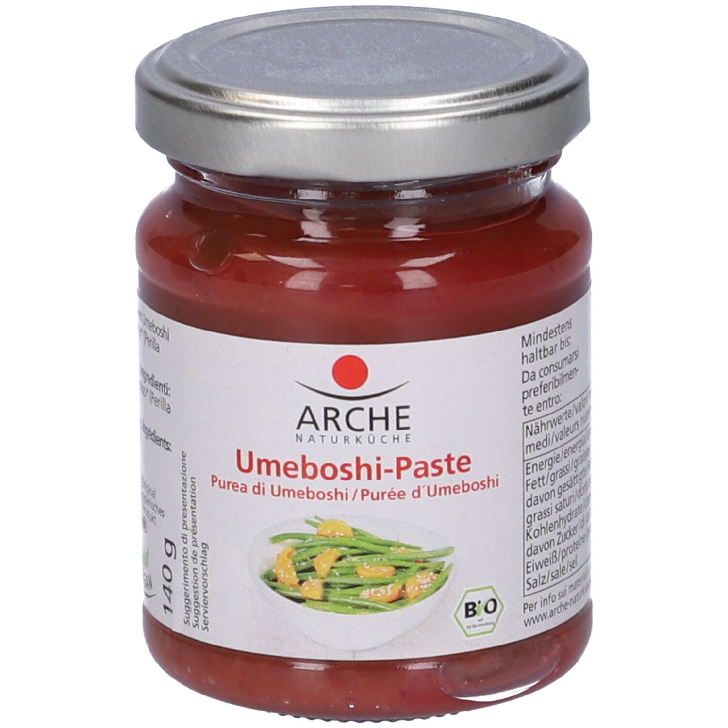 Vasetto di purea di Umeboshi. Etichetta con nome, ingredienti, sigillo bio e 140g. Coperchio argentato.