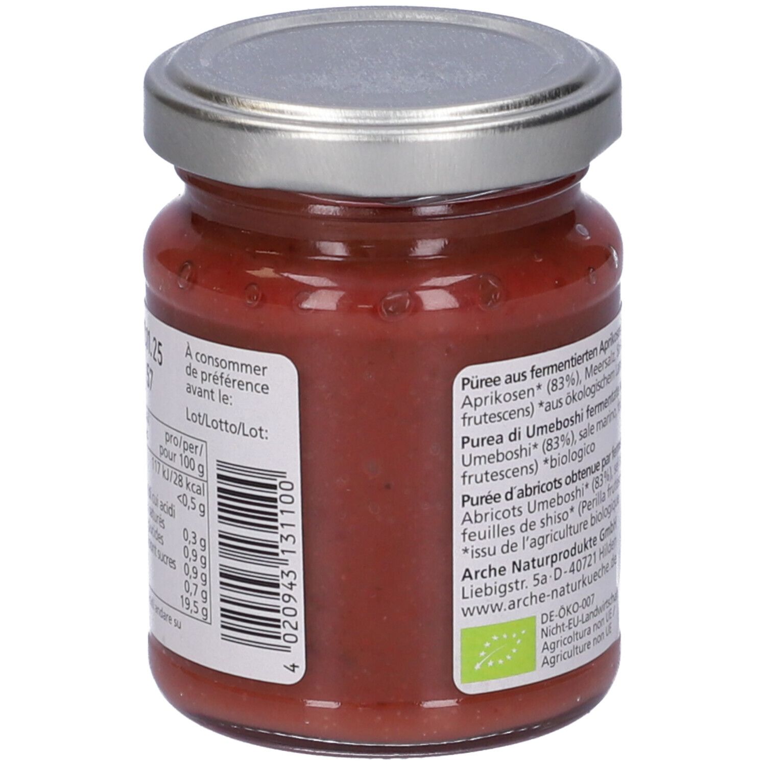 Retro del vasetto di purea di Umeboshi. Informazioni nutrizionali, data di scadenza e numero di lotto. Coperchio argentato.