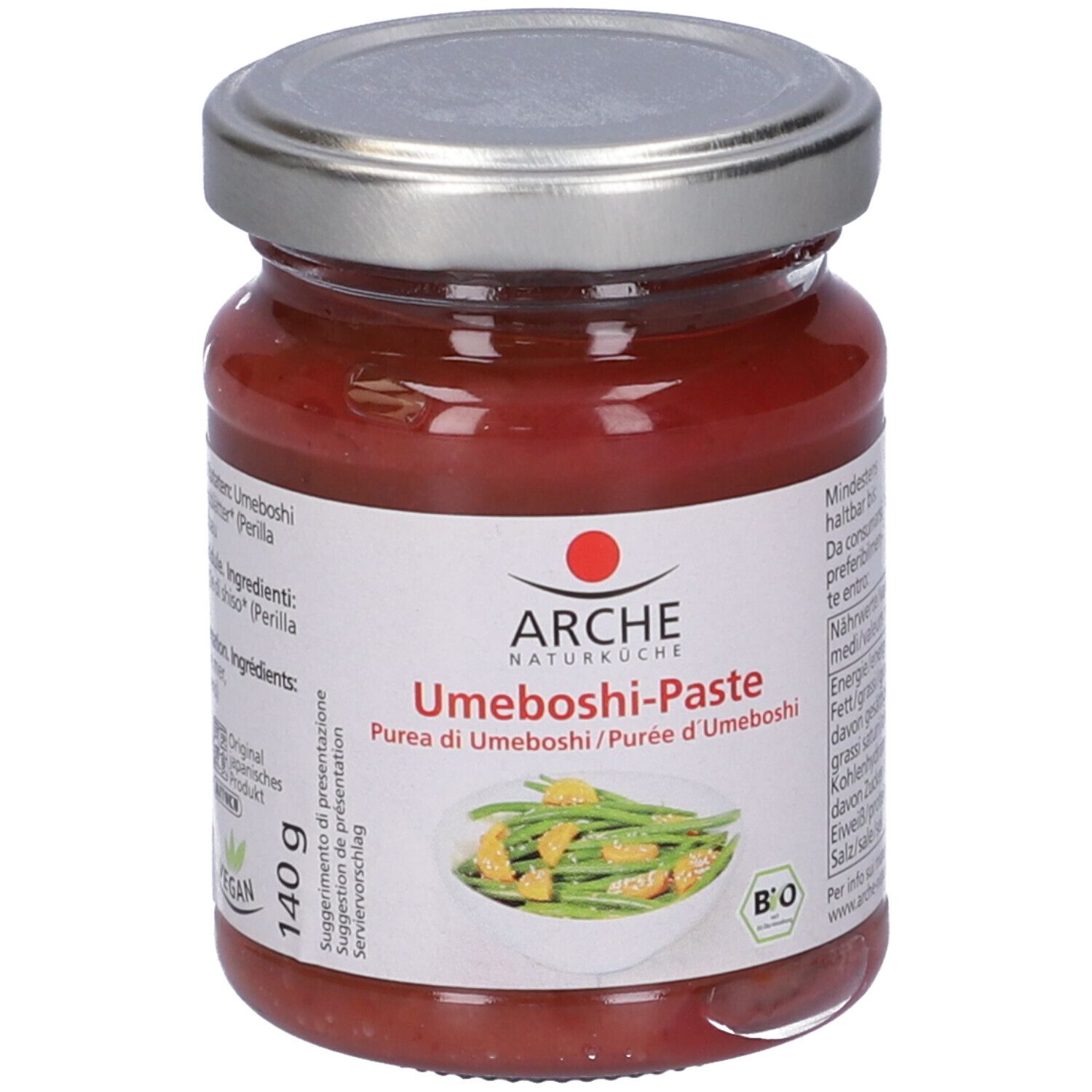 Vasetto di purea di Umeboshi. Etichetta con nome, ingredienti, sigillo bio e 140g. Coperchio argentato.