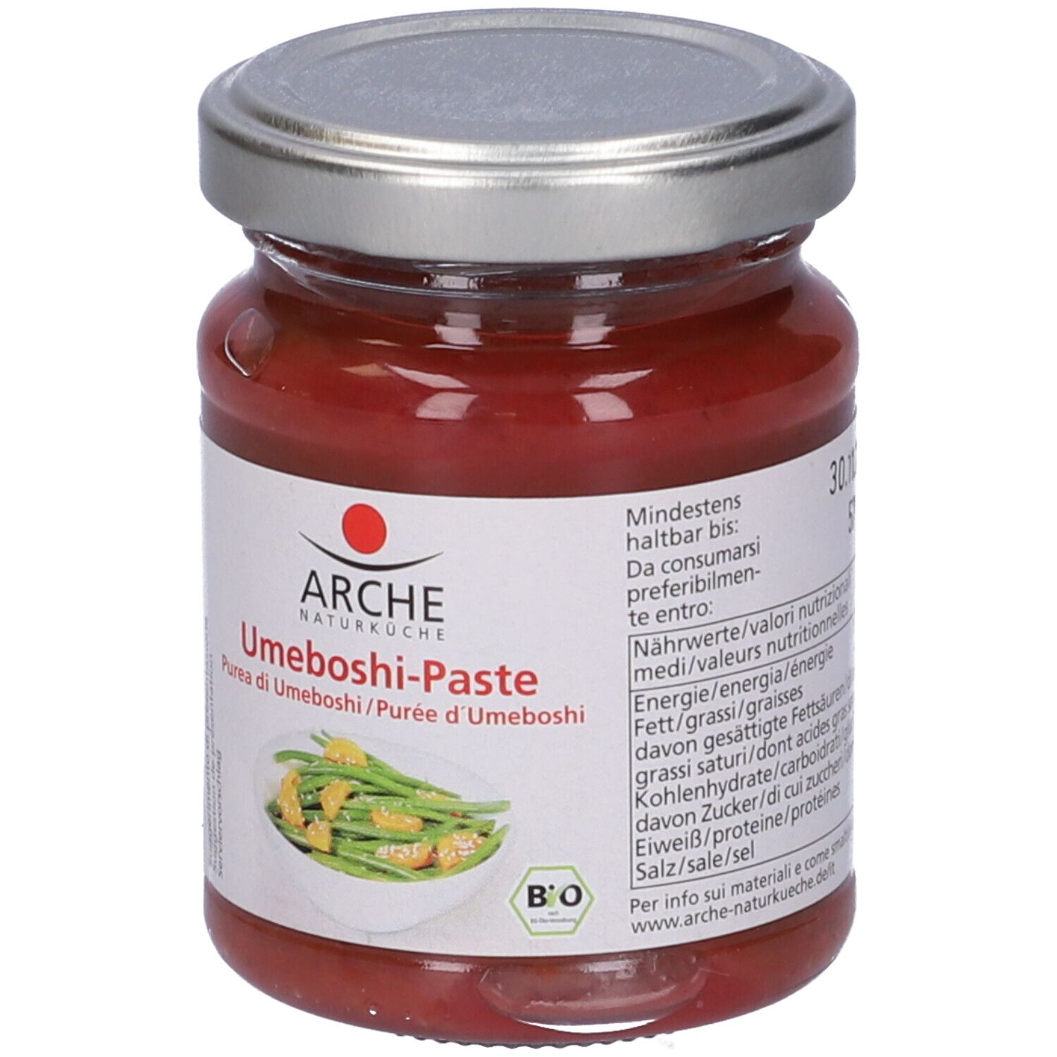 Vasetto di purea di Umeboshi. Etichetta con nome, informazioni nutrizionali, sigillo bio e 140g. Coperchio argentato.