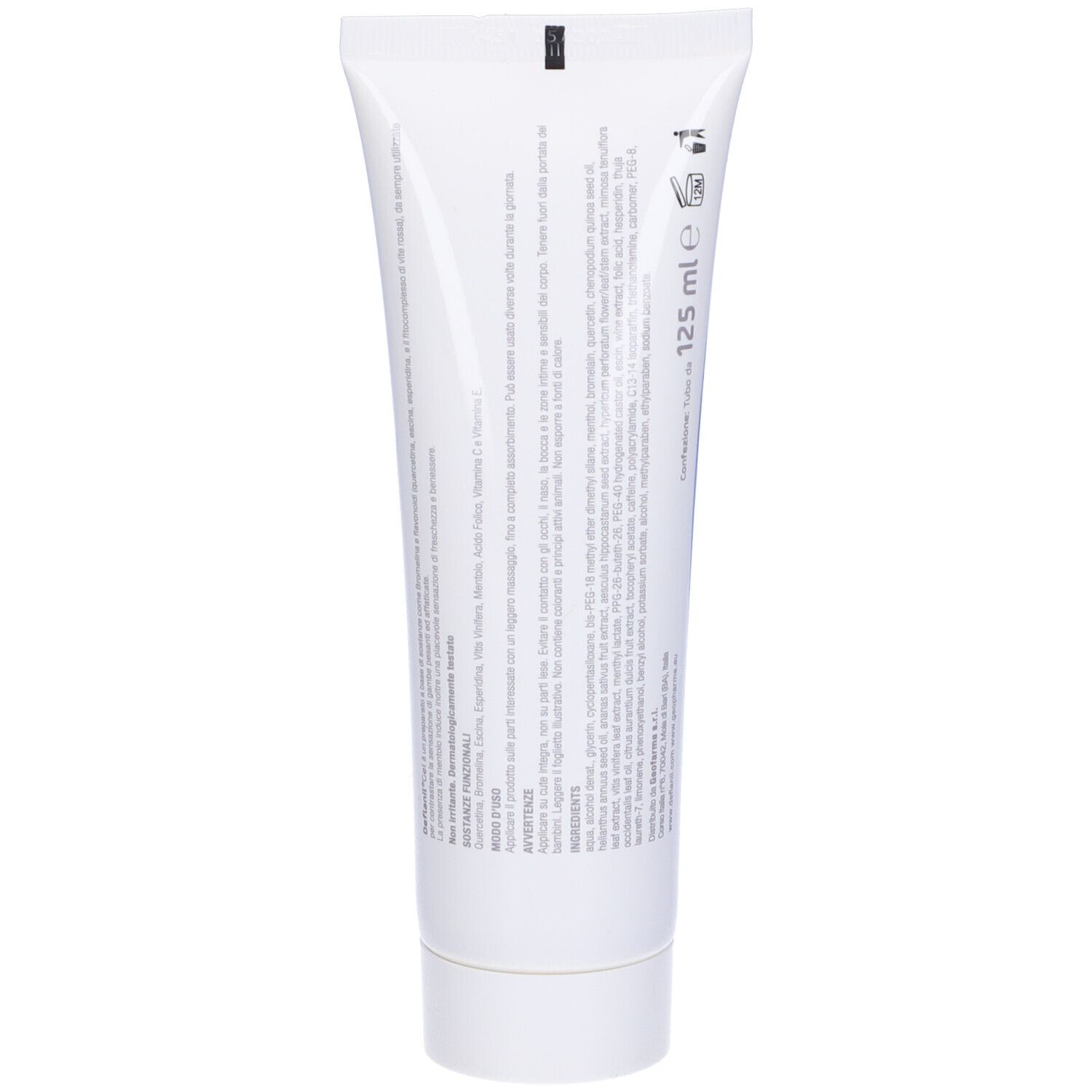 Weiße Tube mit Text. Enthält Informationen zu Inhaltsstoffen, Anwendung und Warnhinweisen. Volumen 125 ml.