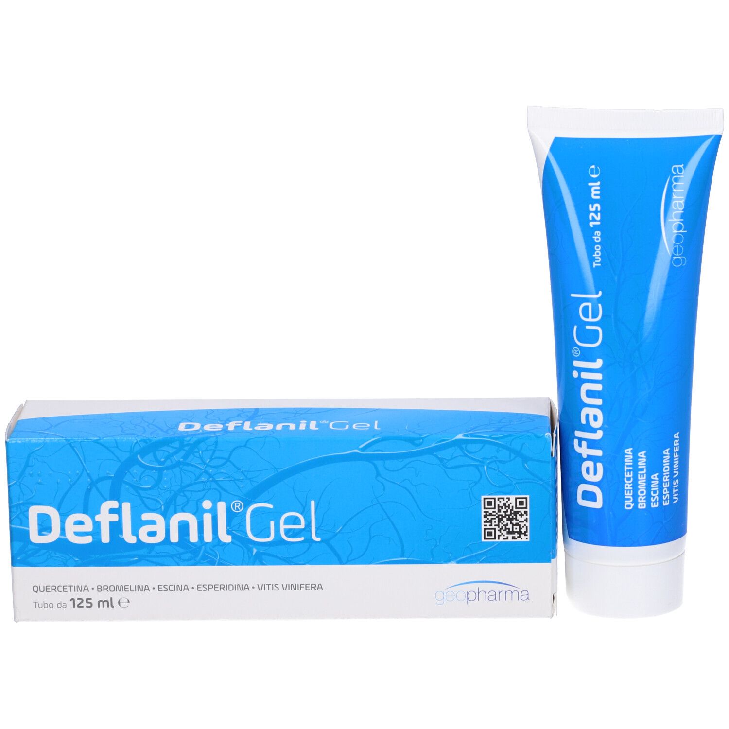 Produktverpackung und Tube. Blaue Schachtel und Tube mit Aufschrift Deflanil Gel. Volumen 125 ml.