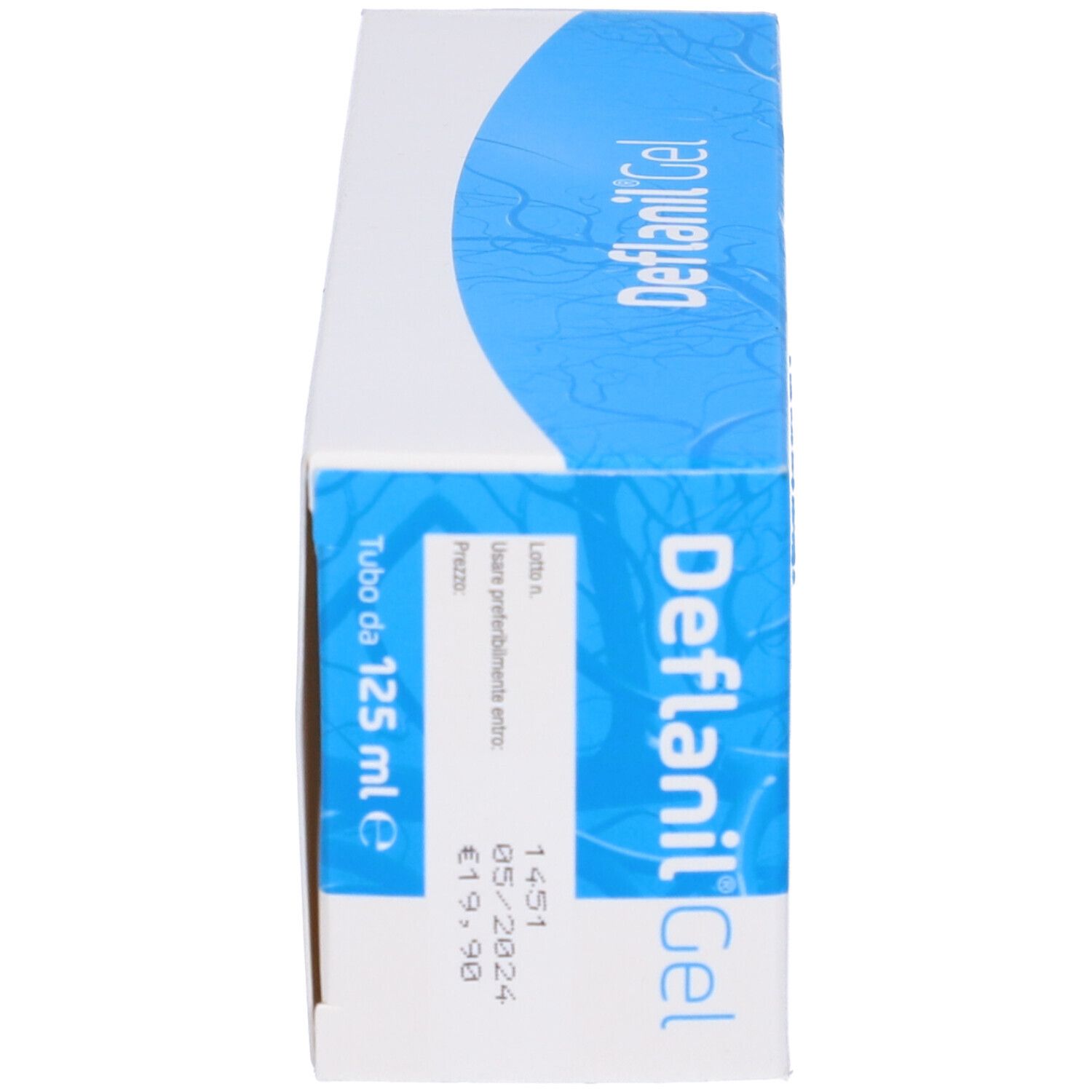 Seitenansicht der blauen Schachtel. Aufschrift Deflanil Gel, Volumen 125 ml, Preis und Verfallsdatum.