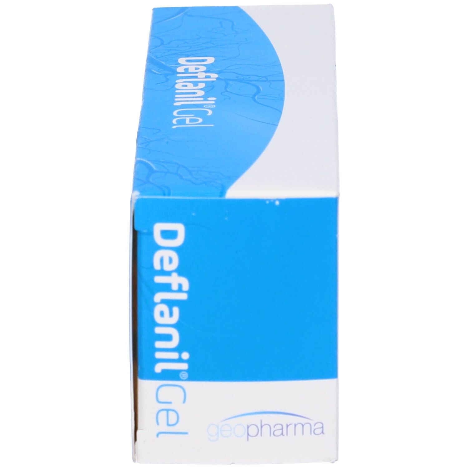 Seitenansicht der blauen Schachtel. Aufschrift Deflanil Gel und Logo.