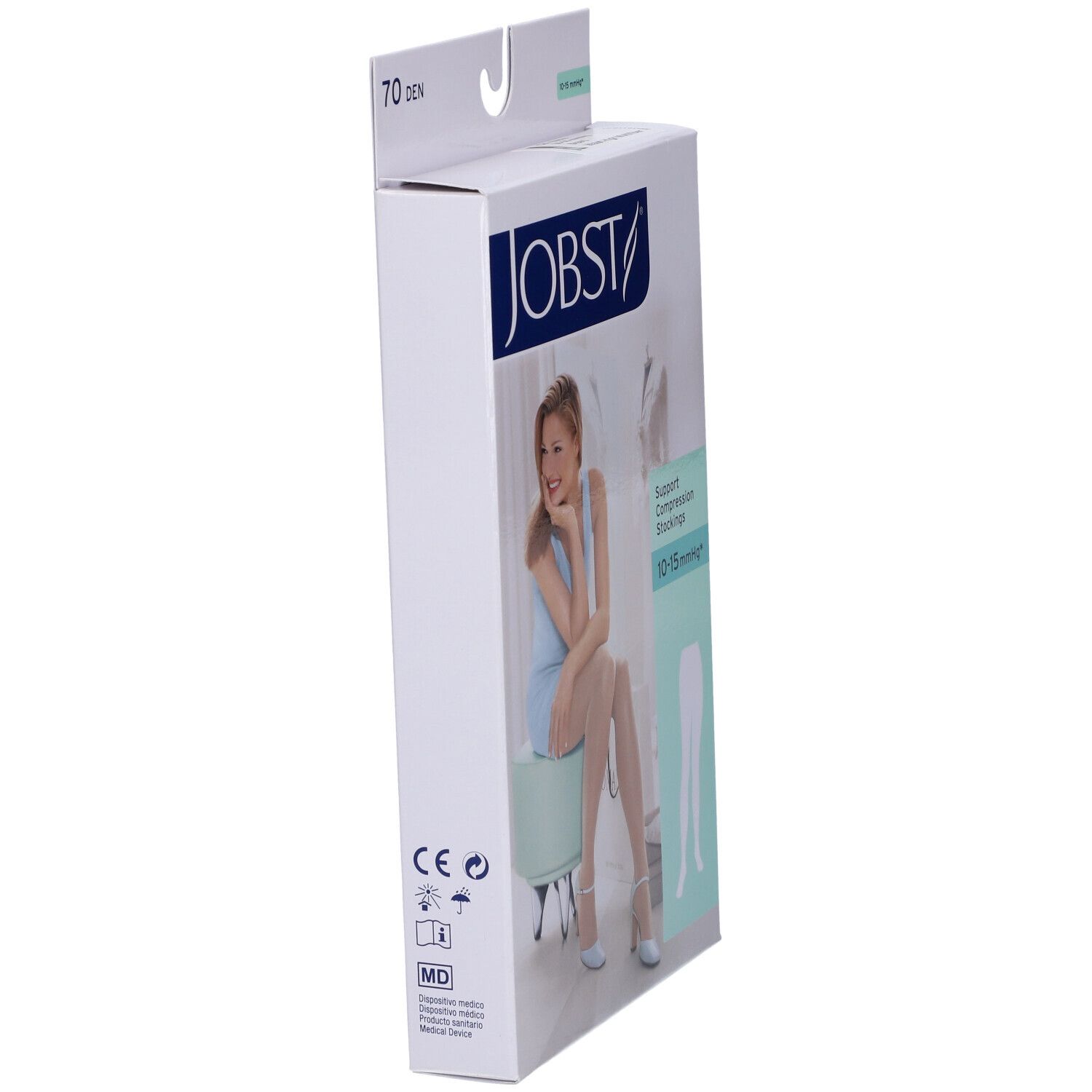 Schrägansicht der JOBST-Verpackung. Aufdruck: JOBST, 70 DEN, 10-15 mmHg. Frau auf der Verpackung.