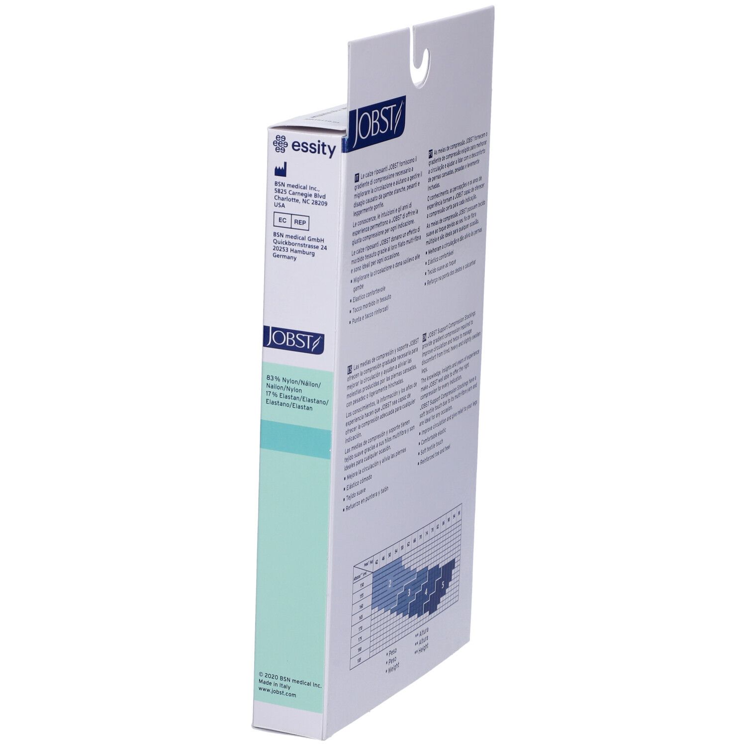 Seitenansicht der JOBST-Verpackung. Text und Logos. Größentabelle für Kompressionsstrümpfe.