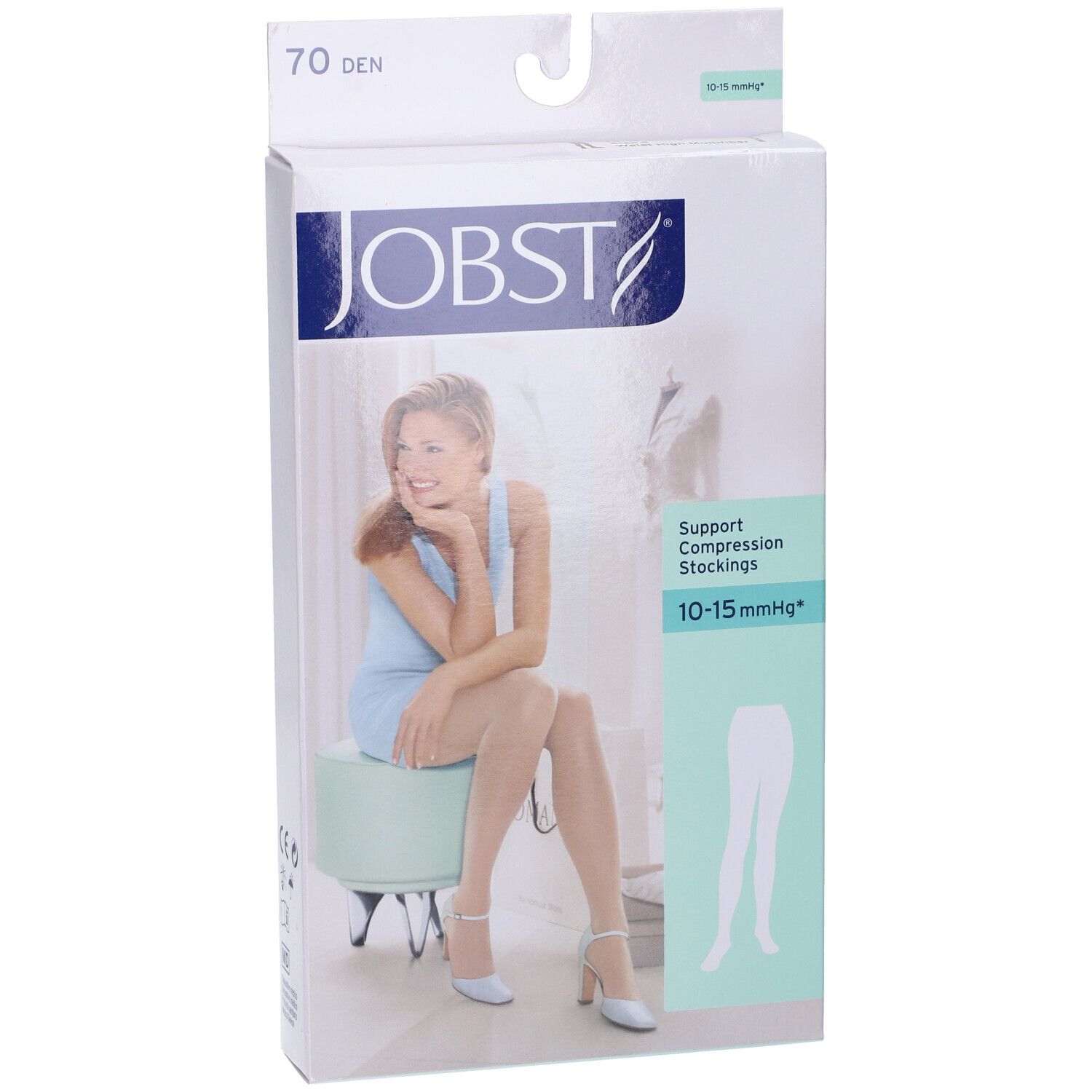 JOBST-Verpackung mit Kompressionsstrümpfen. Aufdruck: 70 DEN, 10-15 mmHg. Frau sitzt, Strümpfe tragend.