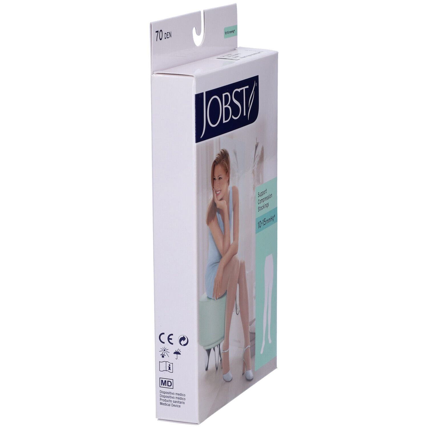 Jobst Collant Multifibra 70Den Verpackung. Seitenansicht. Text: JOBST, Stützstrümpfe 10-15 mmHg. CE-Zeichen, MD-Symbol.