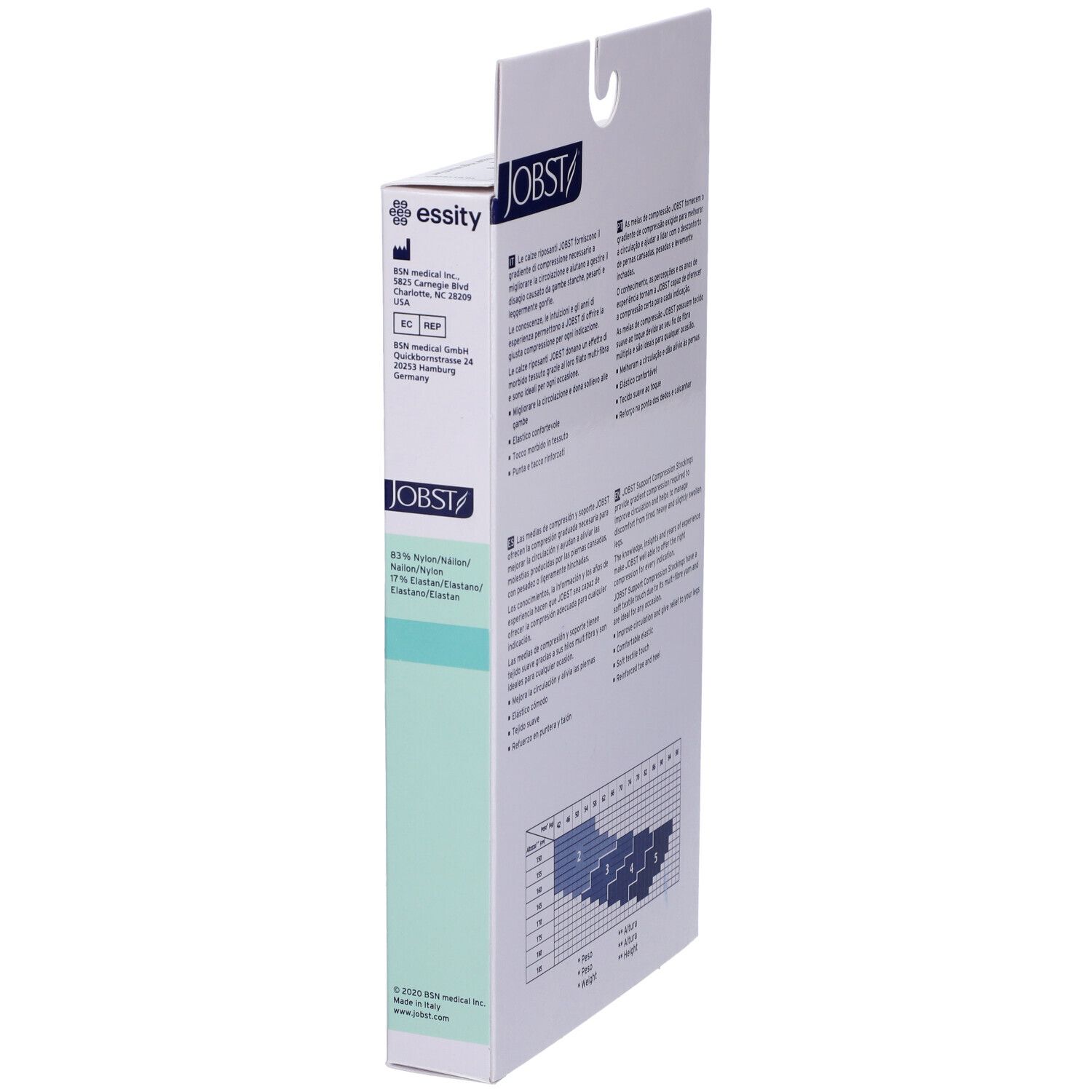 Jobst Collant Multifibra 70Den Verpackung. Seitenansicht. Text: JOBST, essity, medizinische Informationen, CE-Zeichen.