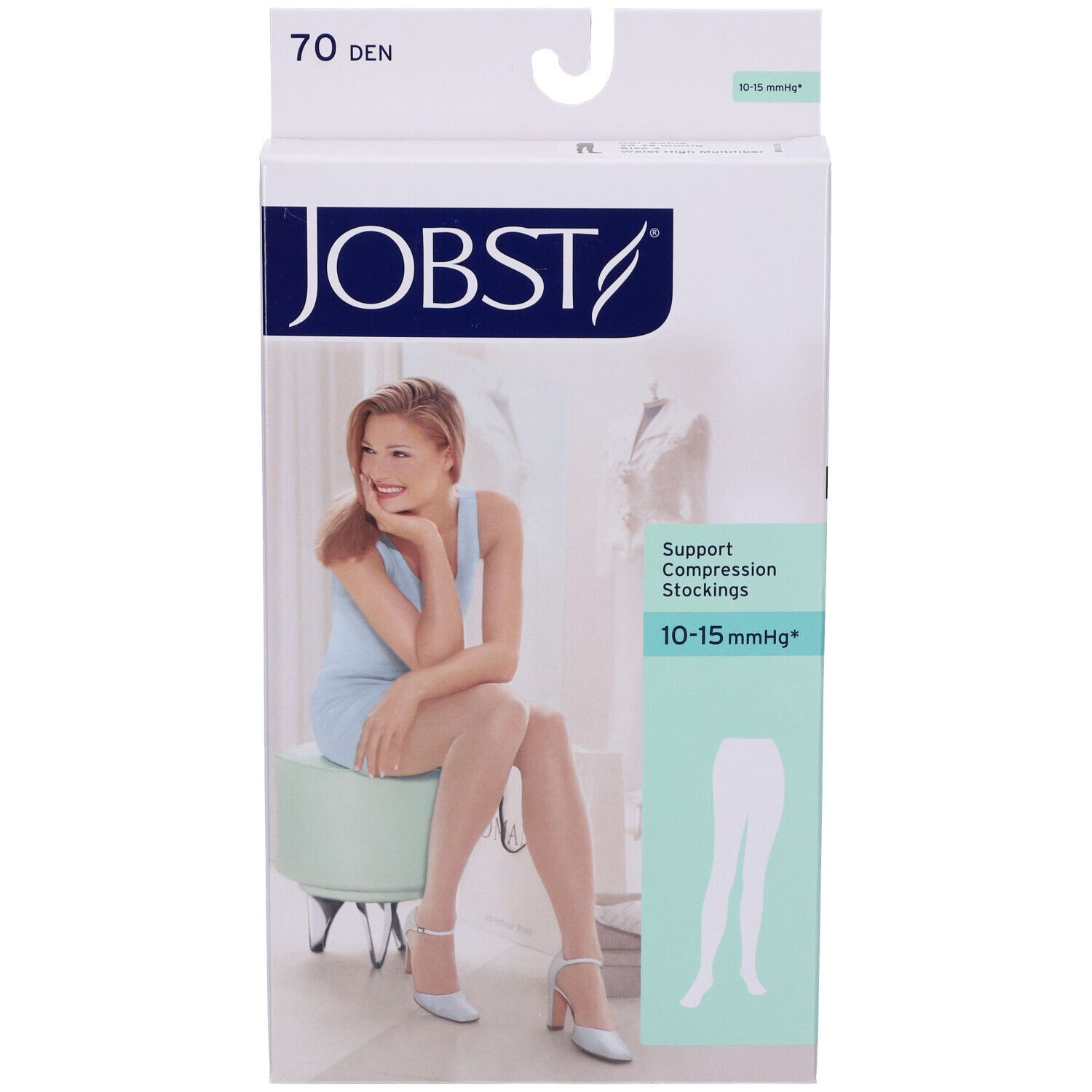 Verpackung von Jobst Collant Multifibra 70Den. Frau trägt Strumpfhose. Text: 70 DEN, JOBST, Stützstrümpfe 10-15 mmHg.