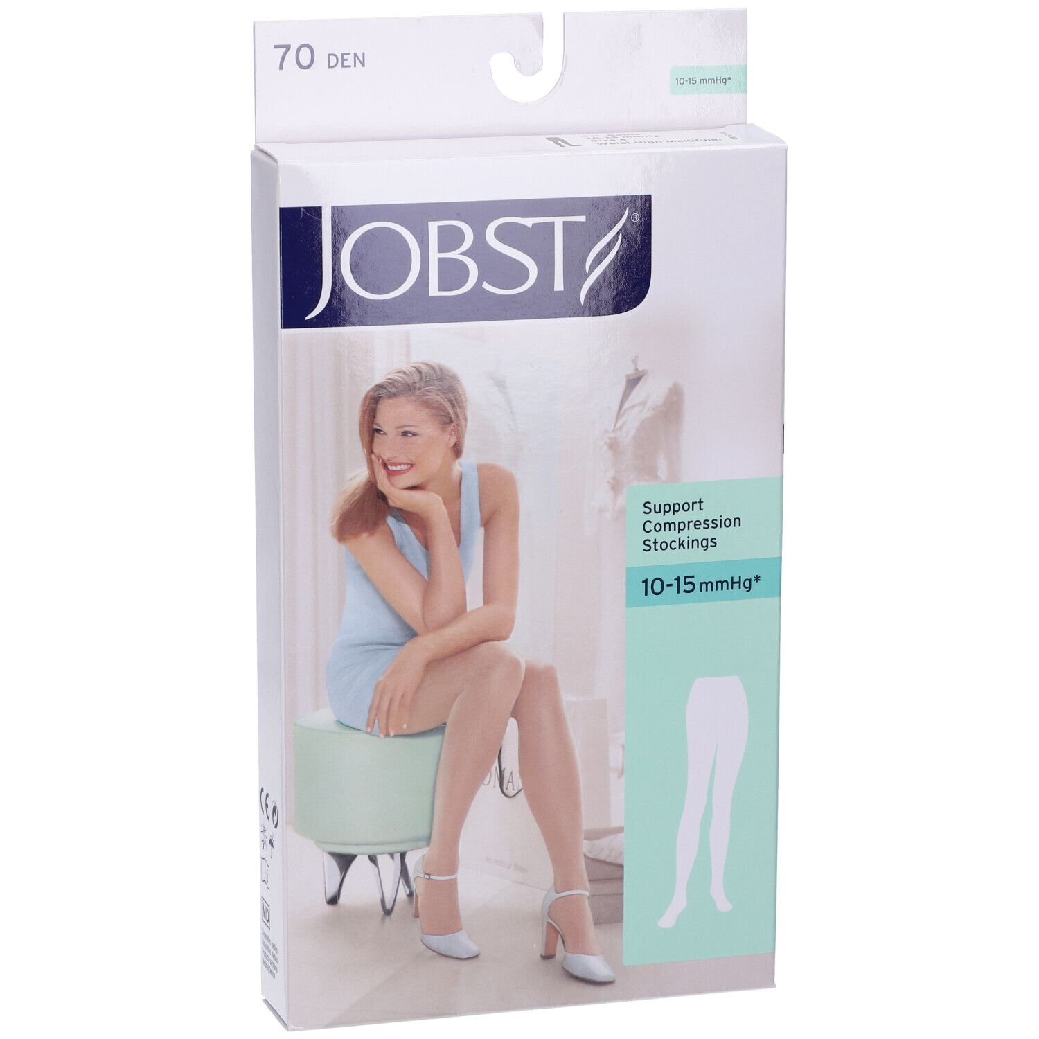 Verpackung von Jobst Collant Multifibra 70Den. Frau trägt Strumpfhose. Text: 70 DEN, JOBST, Stützstrümpfe 10-15 mmHg.
