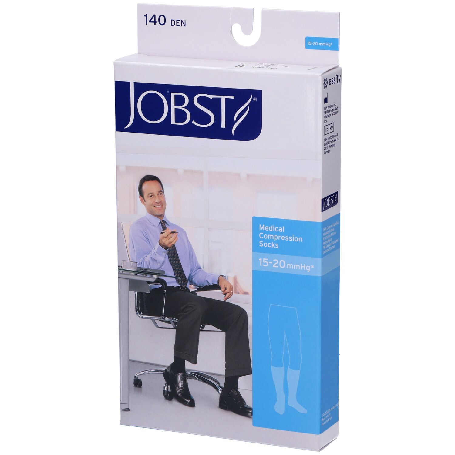 Confezione calze compressive JOBST. Uomo in ufficio illustrato. 15-20 mmHg.