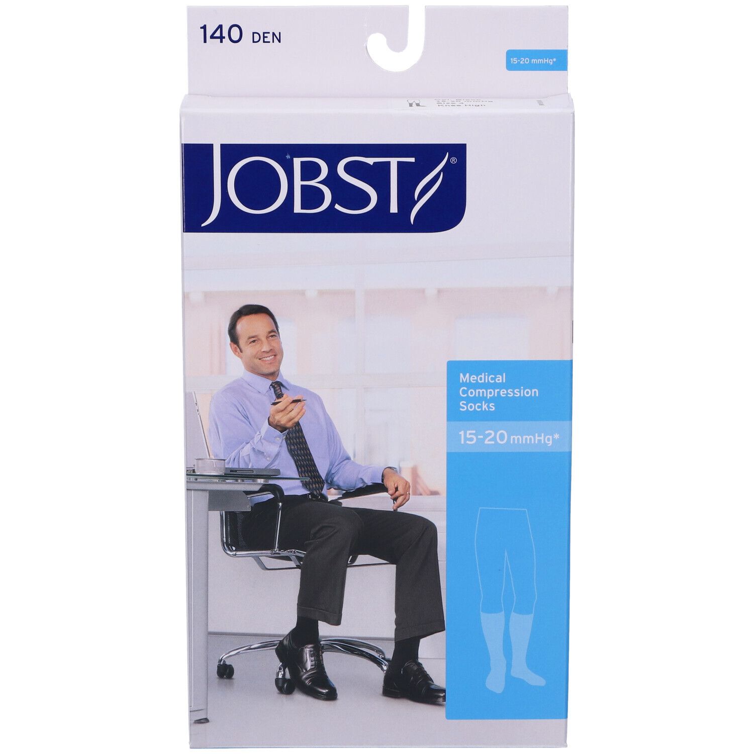 Confezione calze compressive JOBST. Uomo in ufficio illustrato. 15-20 mmHg.