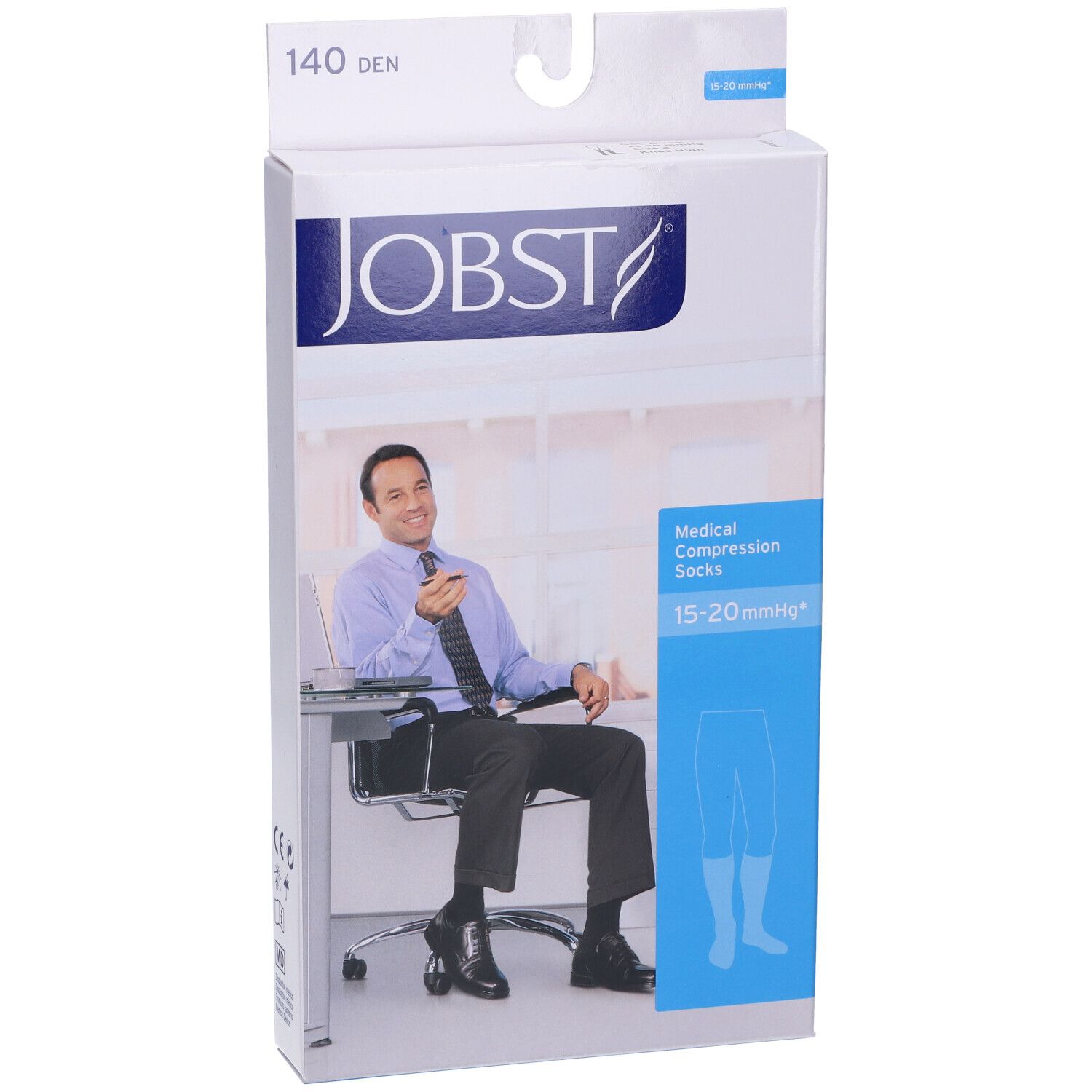 Confezione calze compressive JOBST. Uomo in ufficio illustrato. 15-20 mmHg.