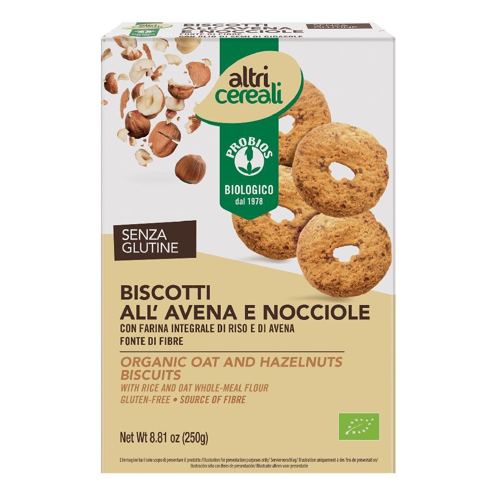 Confezione di biscotti. Scritta: Biscotti All'Avena e Nocciole, senza glutine, certificazione biologica. Marchio: altri cereali.