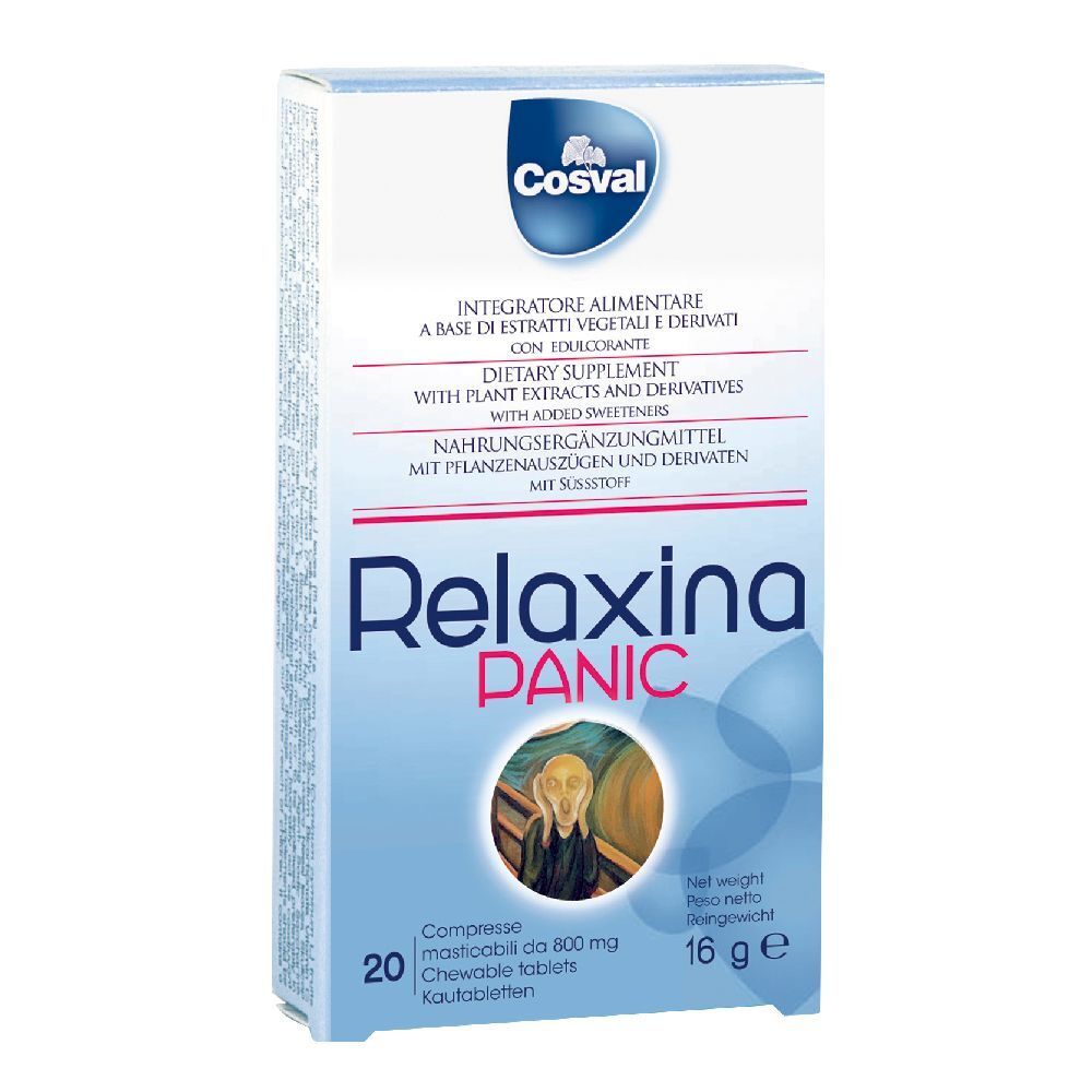 Scatola di Relaxina Panic, 20 compresse masticabili. Contiene estratti vegetali e dolcificanti. Marchio Cosval.