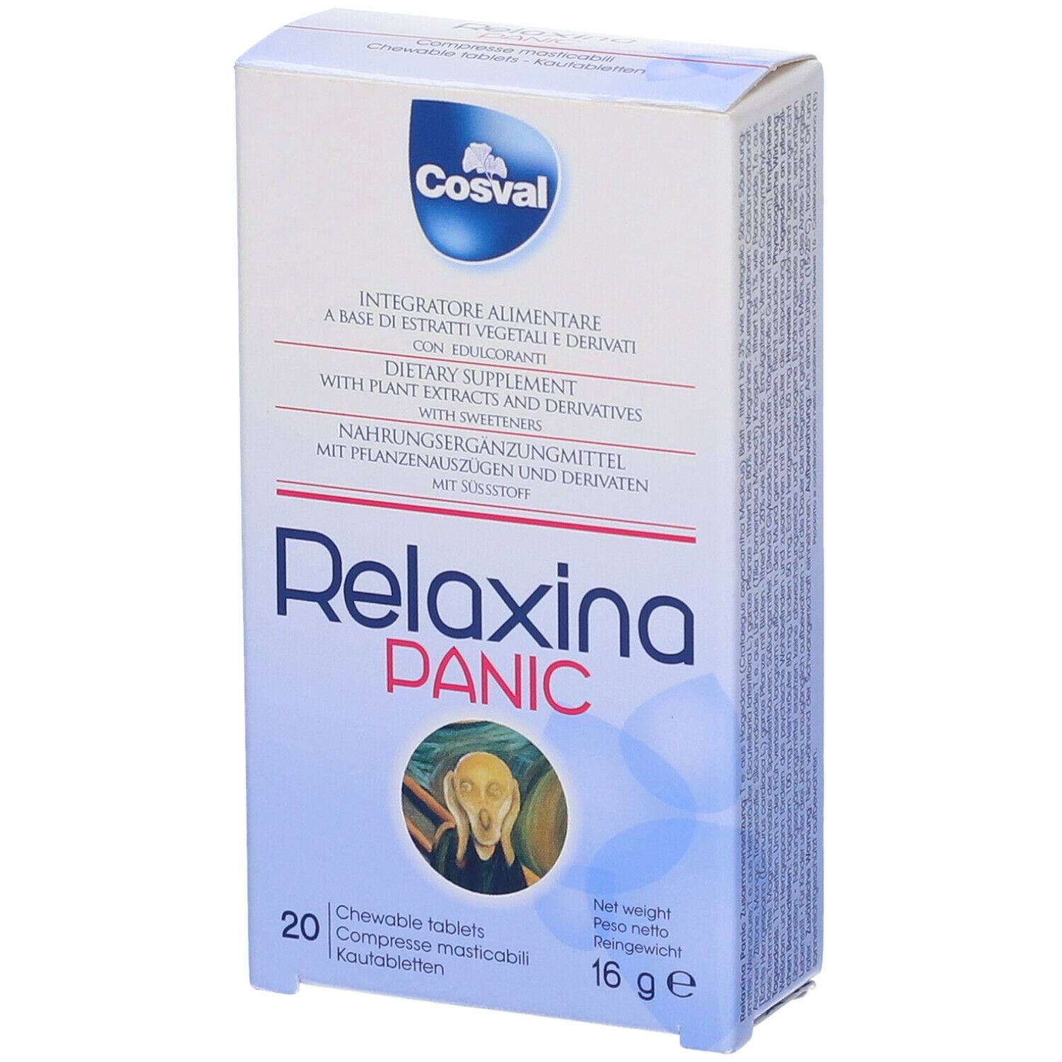 Scatola Relaxina Panic, vista obliqua. Contiene 20 compresse masticabili. Marchio Cosval. Testo in tedesco, italiano, inglese.
