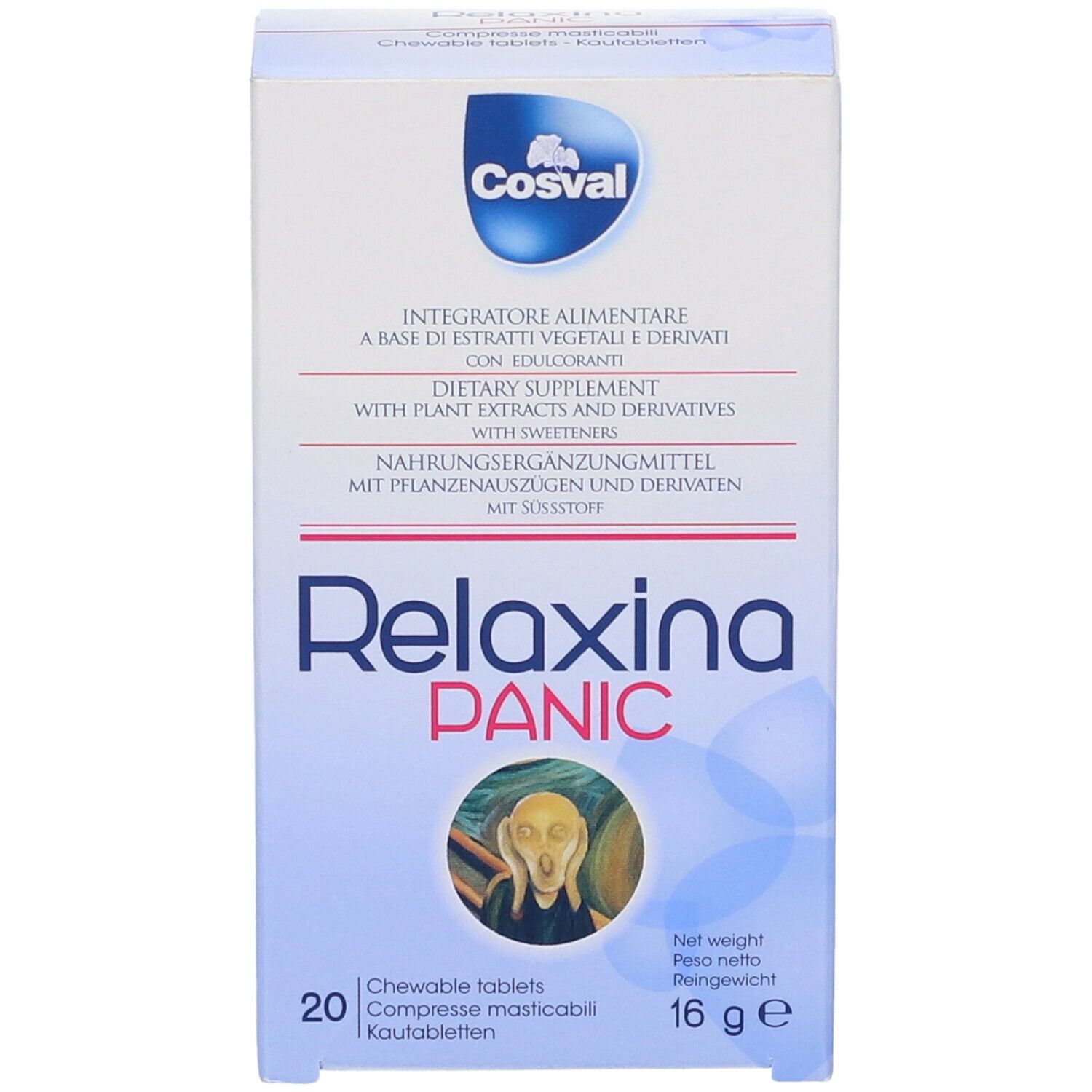 Scatola Relaxina Panic, vista obliqua. Contiene 20 compresse masticabili. Marchio Cosval. Testo in tedesco, italiano, inglese.