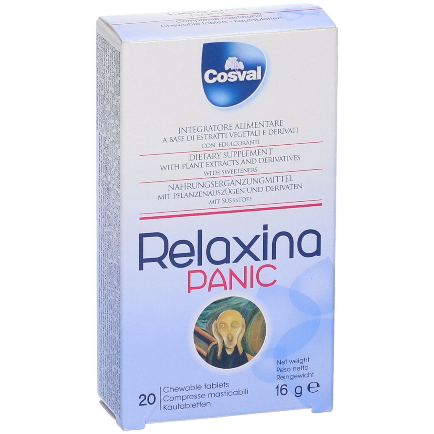 Scatola di Relaxina Panic, 20 compresse masticabili. Contiene estratti vegetali e dolcificanti. Marchio Cosval.