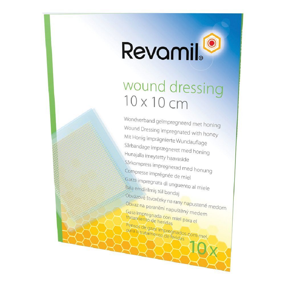 Verbandpackung mit Honig. 10x10 cm. Sichtbar: Revamil-Logo, Produktname, Größe, 10 Stück. Grün-weiß Verpackung.