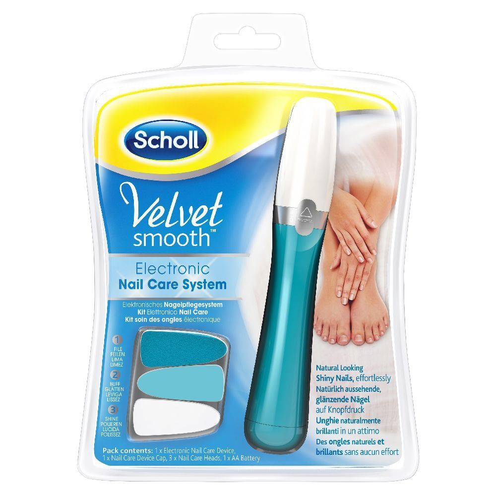 Scholl Velvet Smooth, sistema elettronico per unghie, confezionato. Include dispositivo, testine, batterie. Design blu e bianco.
