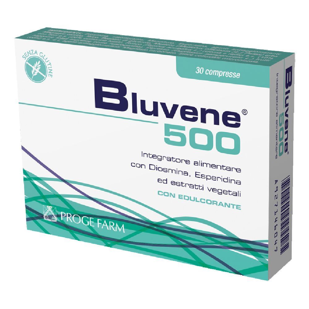 Confezione di Bluvene 500, 30 compresse. Scatola bianca e blu con nome del prodotto e informazioni. Sigillo senza glutine.
